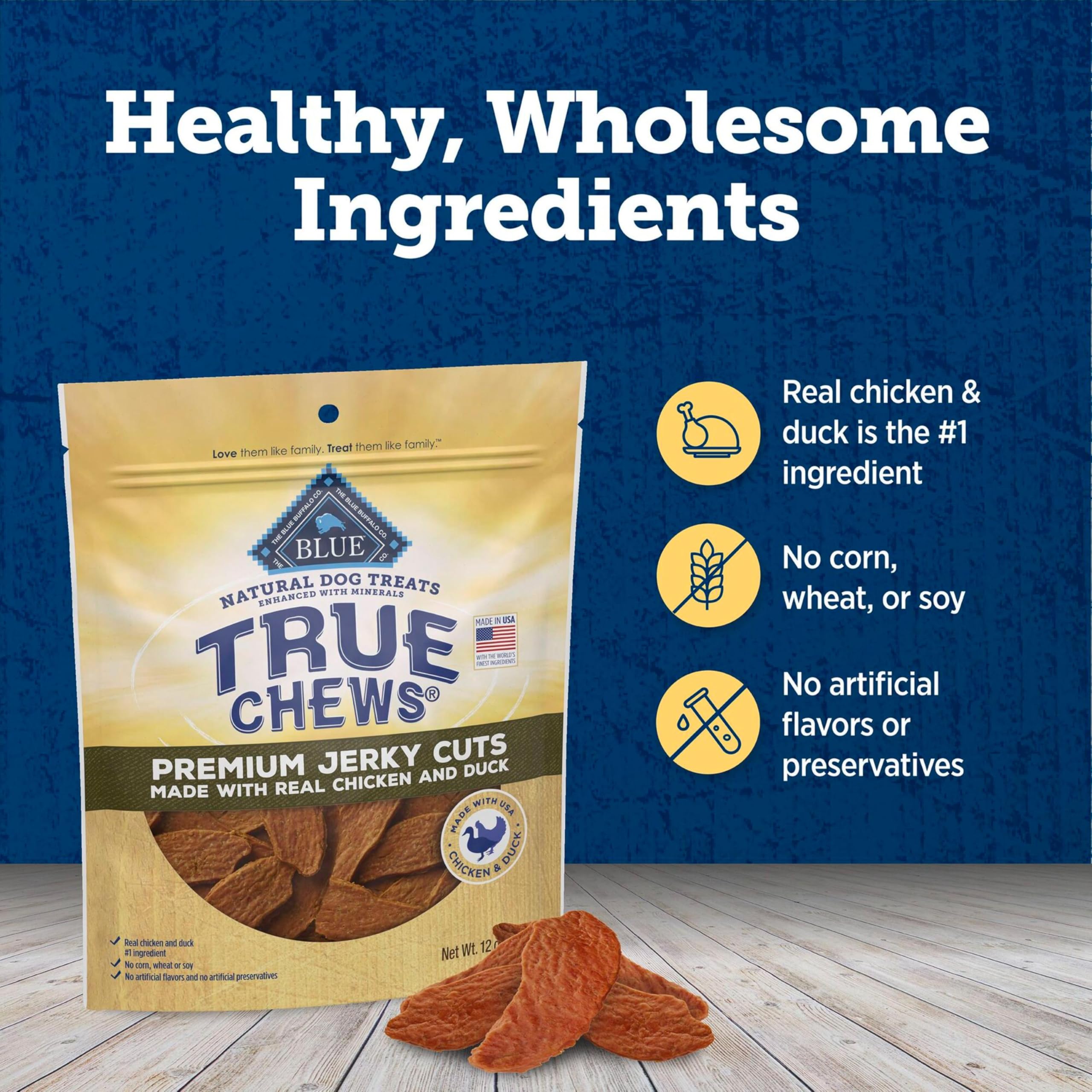 Blue Buffalo True Chews pato, sin maíz, trigo ni soja, para dietas sensibles.