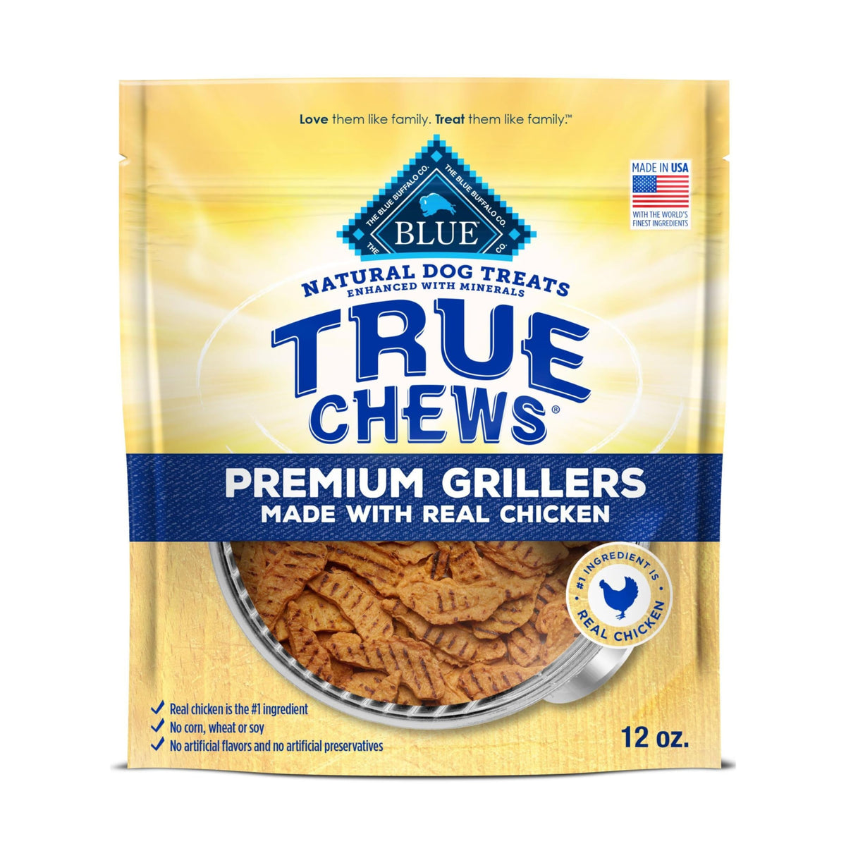Blue Buffalo True Chews Premium Grillers con pollo real, recompensa sabrosa para entrenamiento.