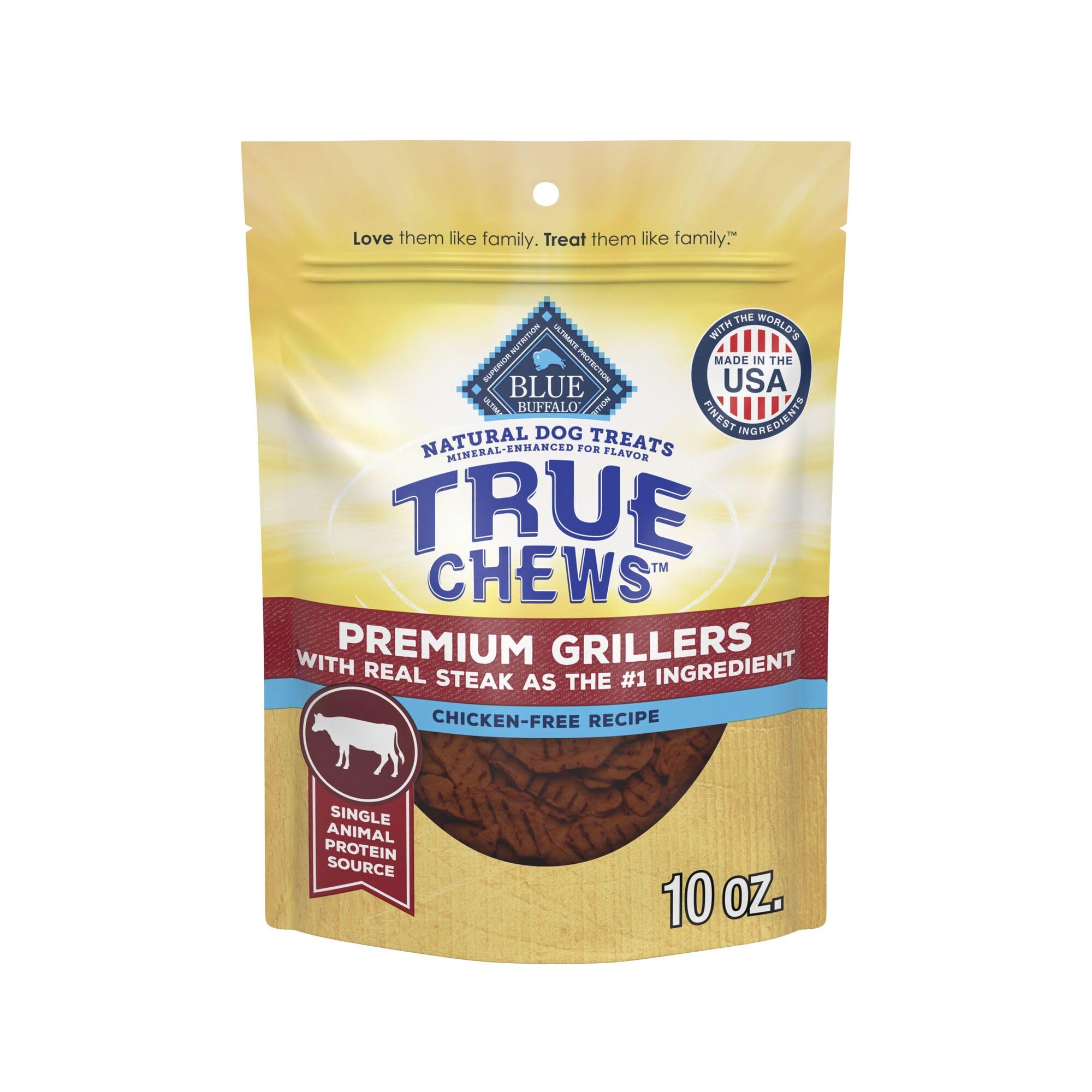 Blue Buffalo True Chews Premium Grillers steak bag features real beef for a savory reward