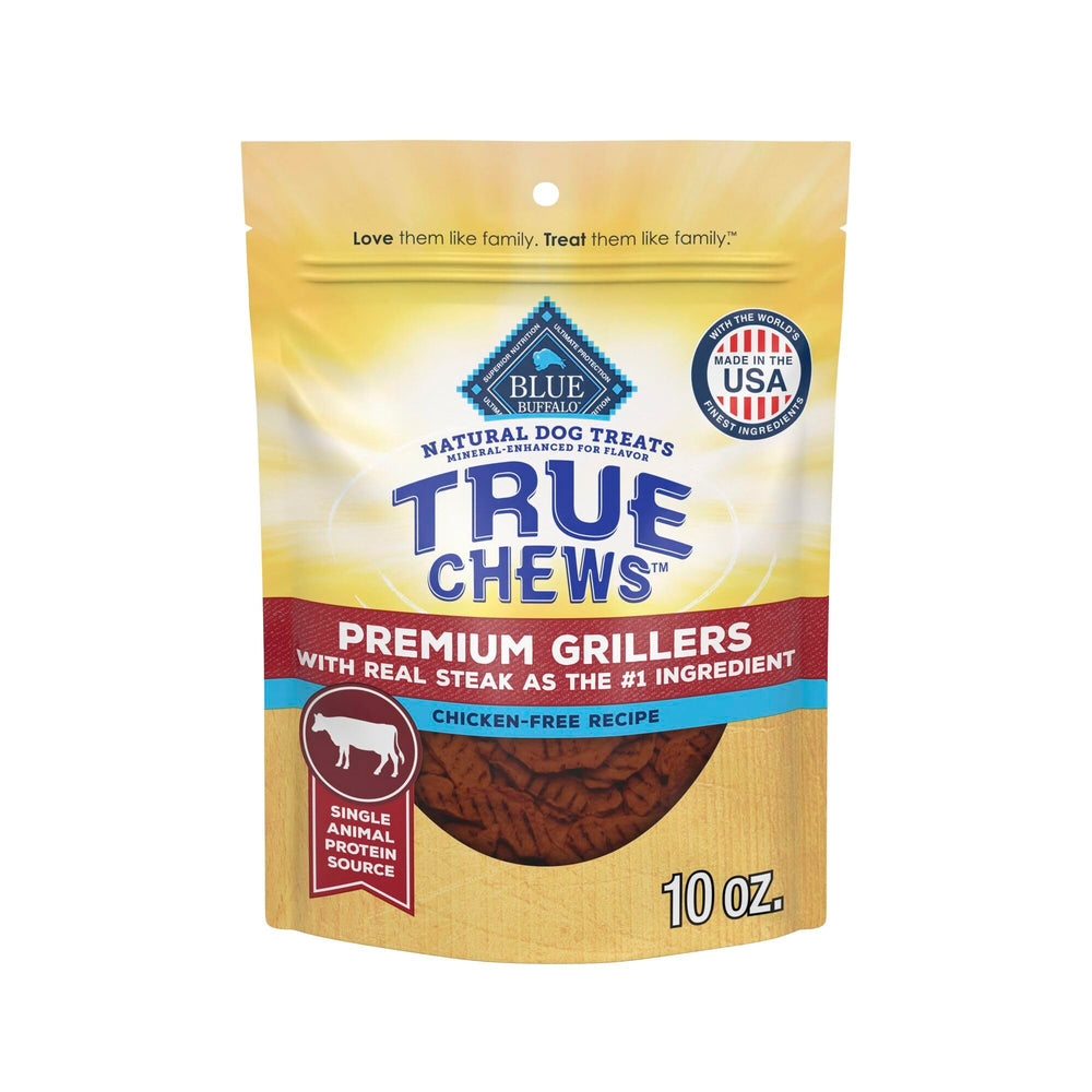 Blue Buffalo True Chews Premium Grillers steak bag features real beef for a savory reward