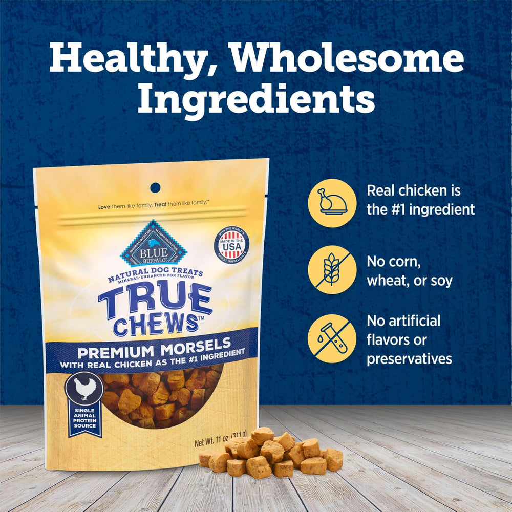 Blue Buffalo True Chews packaging highlights ingredients and benefits.