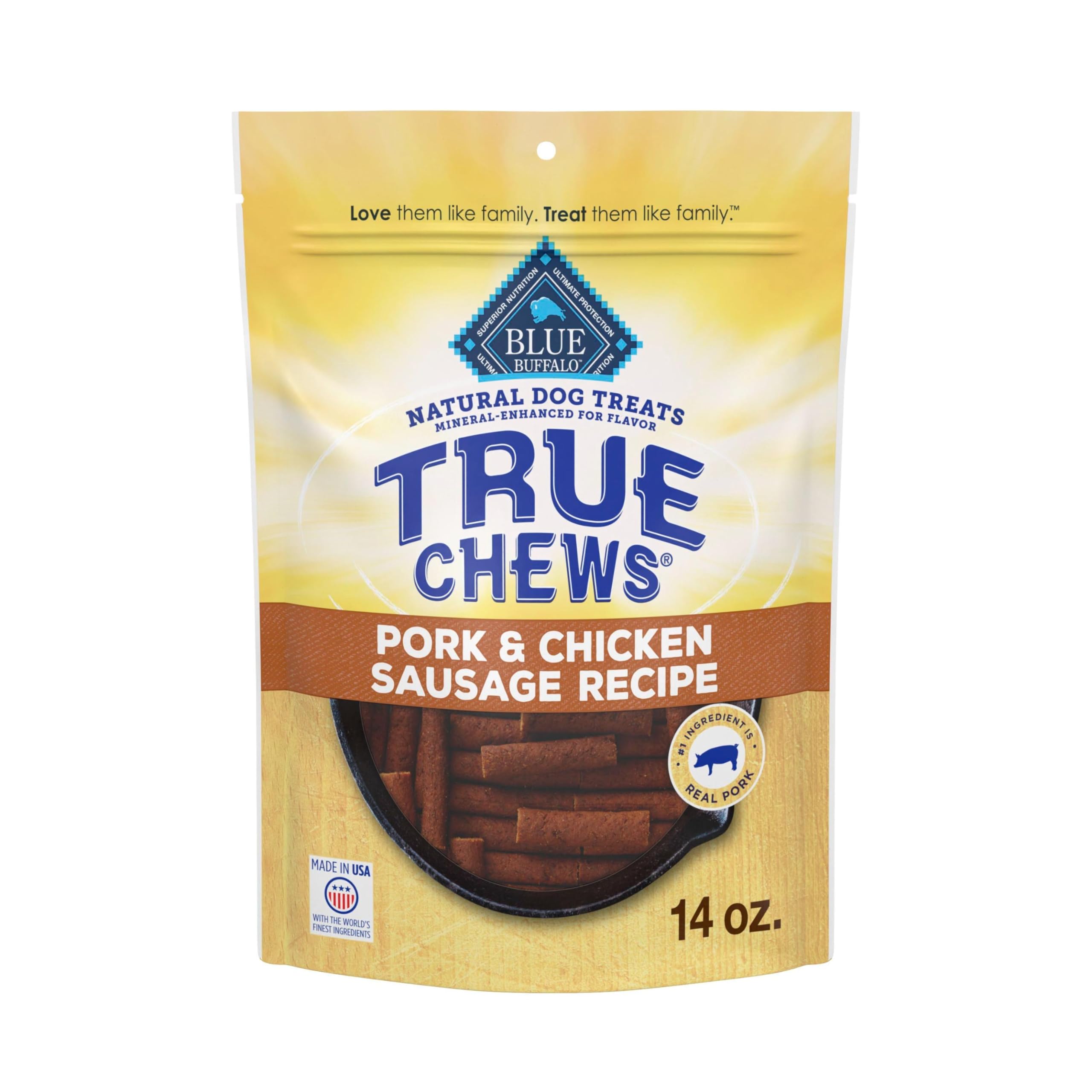 Blue Buffalo True Chews cerdo-salchicha, trozos tiernos para premiar al perro