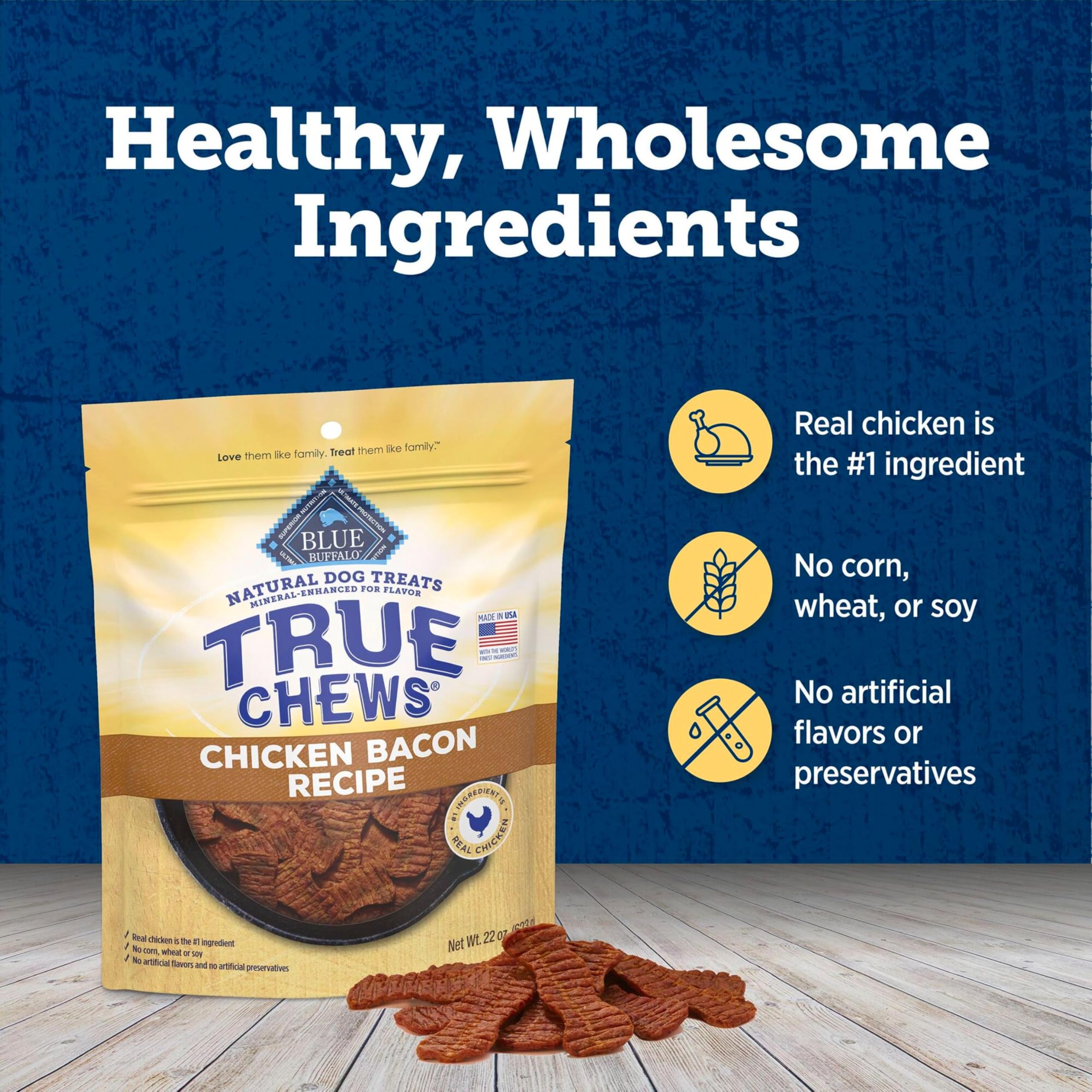 Blue Buffalo True Chews sin subproductos de pollo, opción de premio saludable.