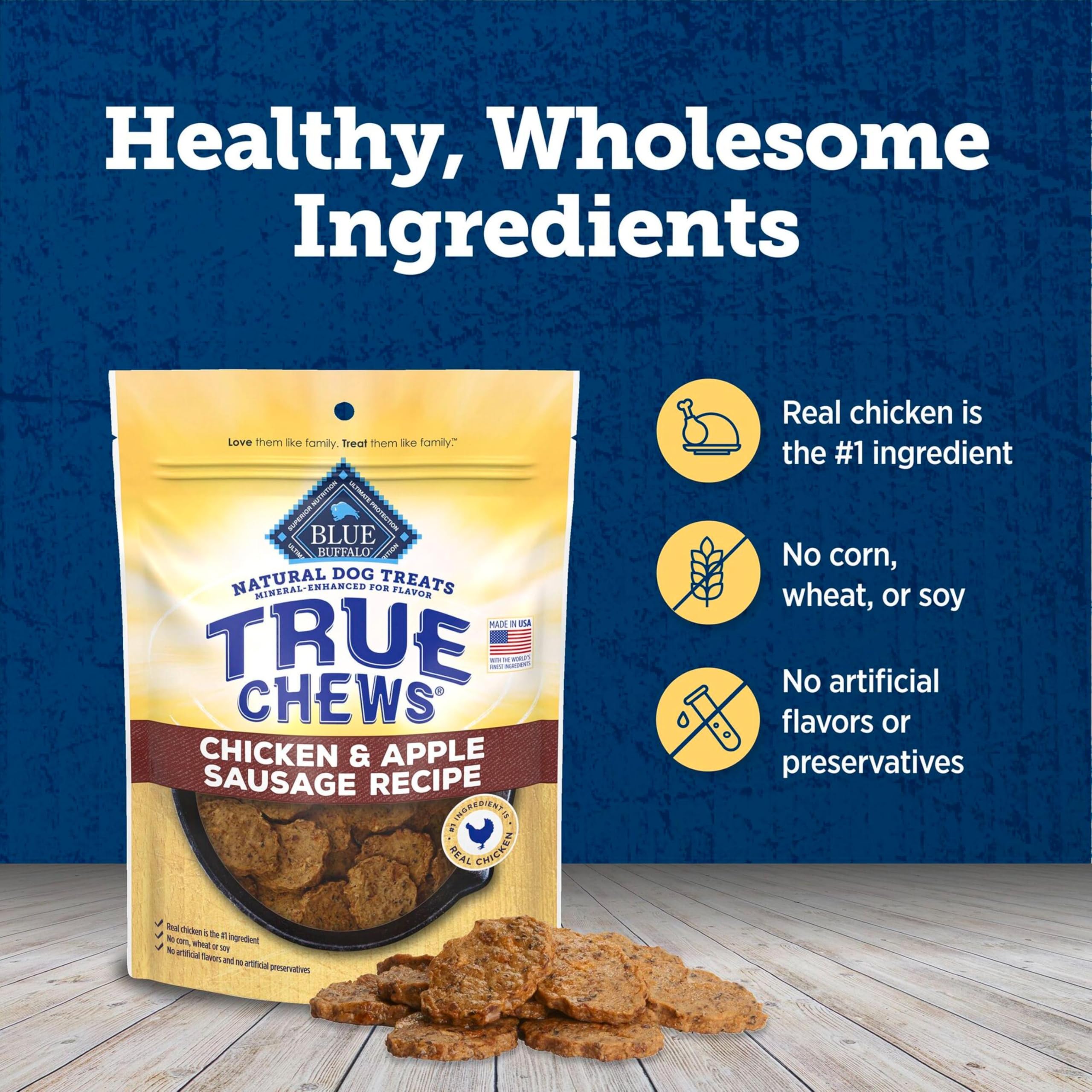 Blue Buffalo True Chews sin maiz trigo soja para perros sensibles.