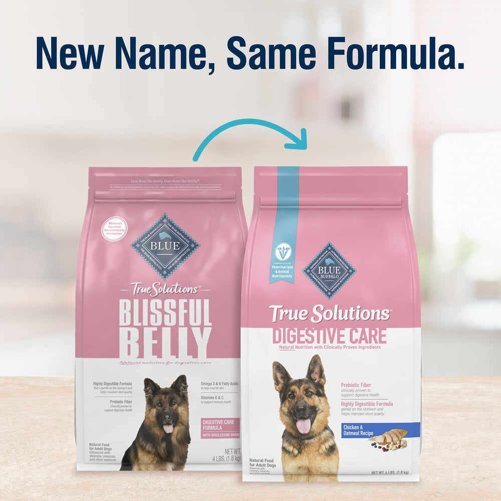 Blue Buffalo True Solutions Digestive Care: empaque frontal, muestra ingredientes naturales para perros.