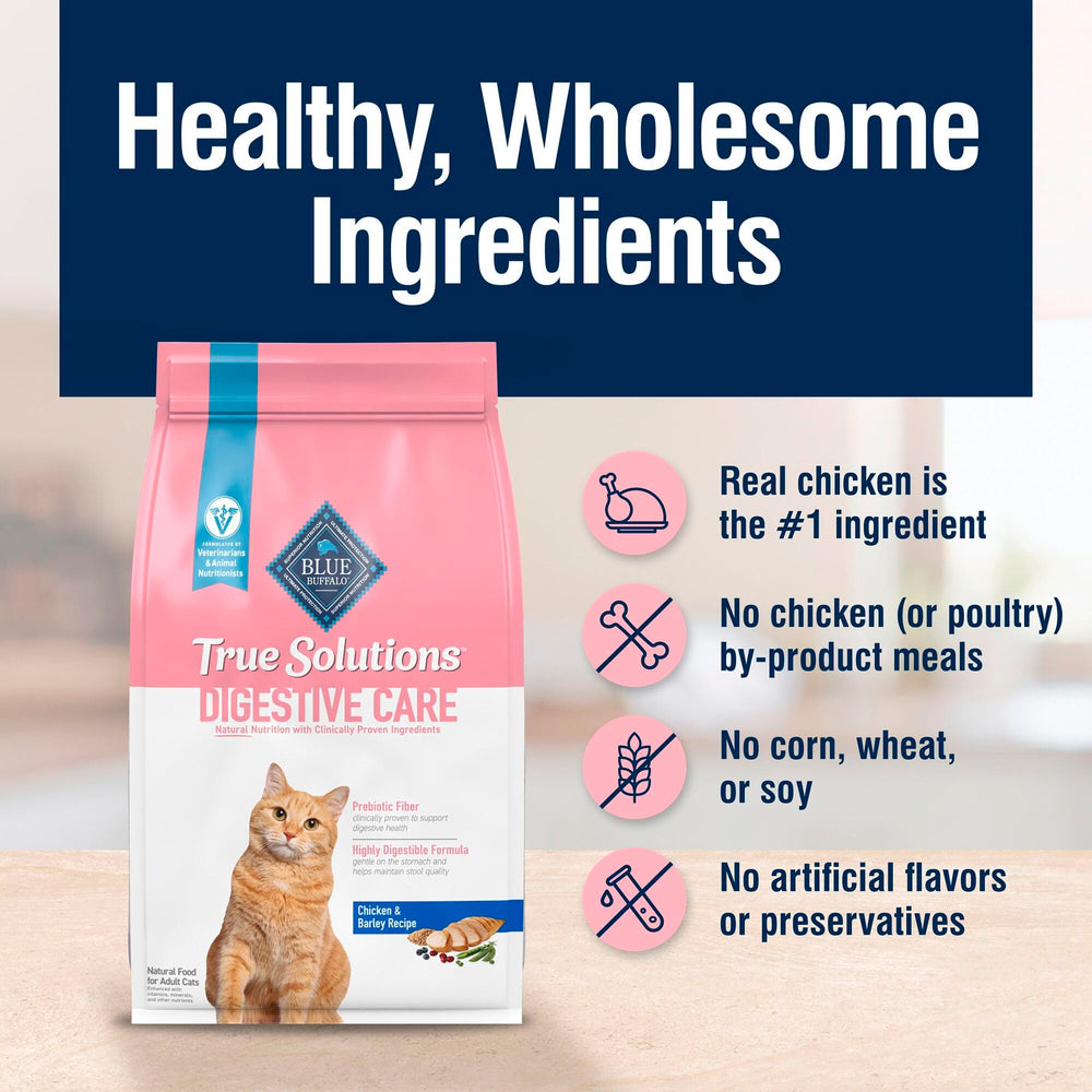 Blue Buffalo True Solutions Digestive Care: pollo real, primer ingrediente, para satisfacer el paladar del gato.