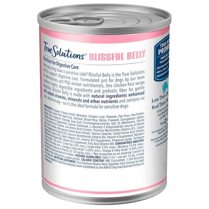 Blue Buffalo True Solutions: etiqueta destaca ingredientes naturales y fibra prebiótica.