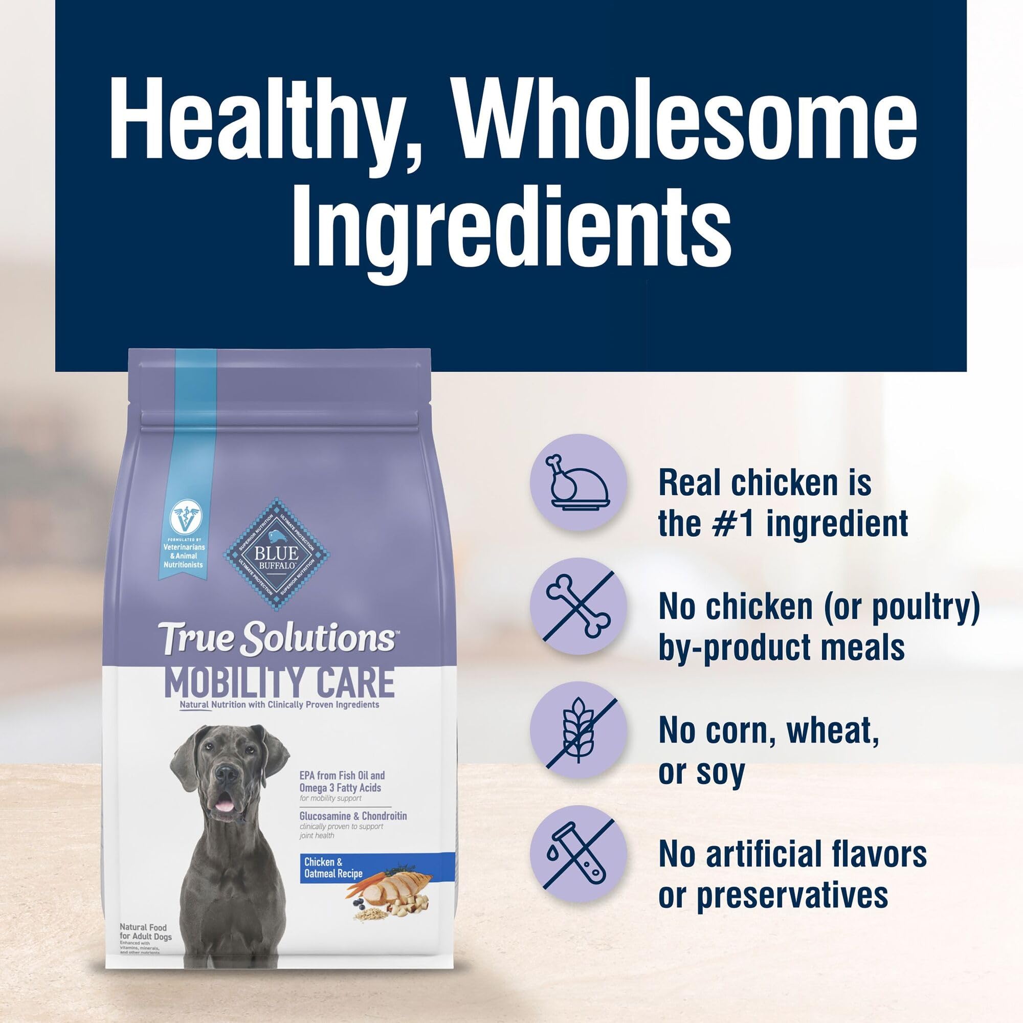 Blue Buffalo True Solutions Mobility Care sin subproductos de pollo, dieta más limpia.