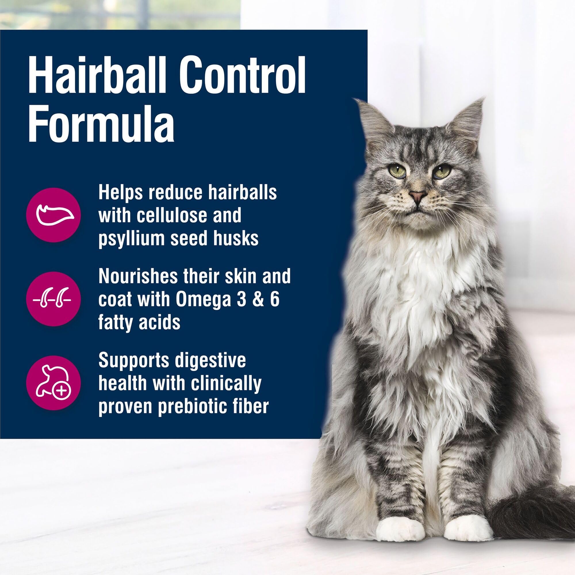 Blue Buffalo True Solutions Hairball Control omega 3 y 6 para piel y pelaje brillantes.