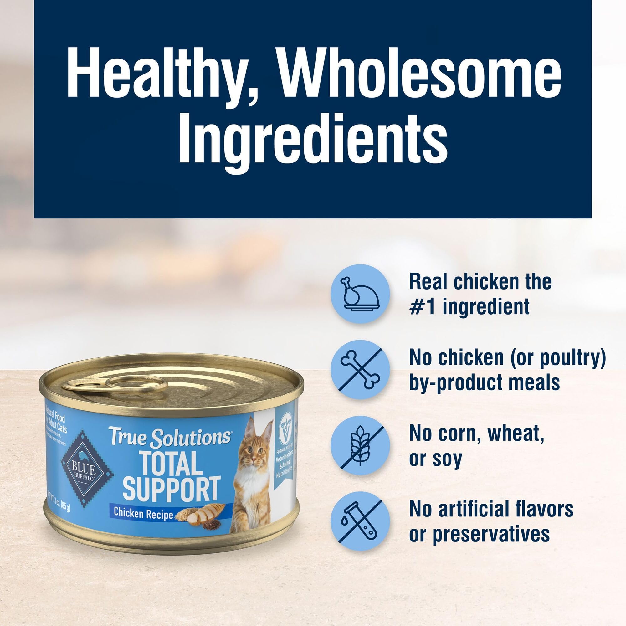 Blue Buffalo True Solutions: sin maíz, trigo ni soya.