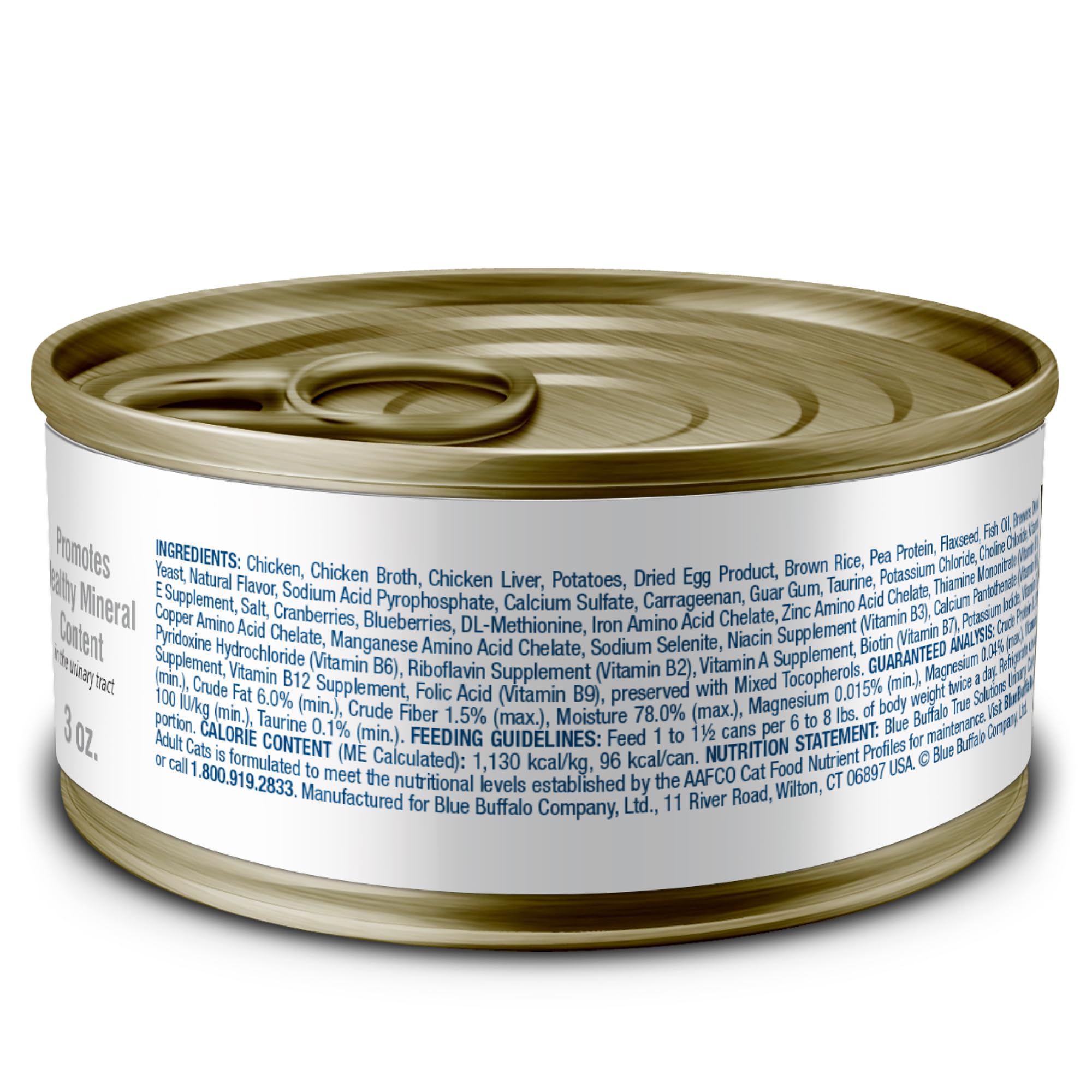 Blue Buffalo True Solutions Urinary Care muestra una lata con pollo real.