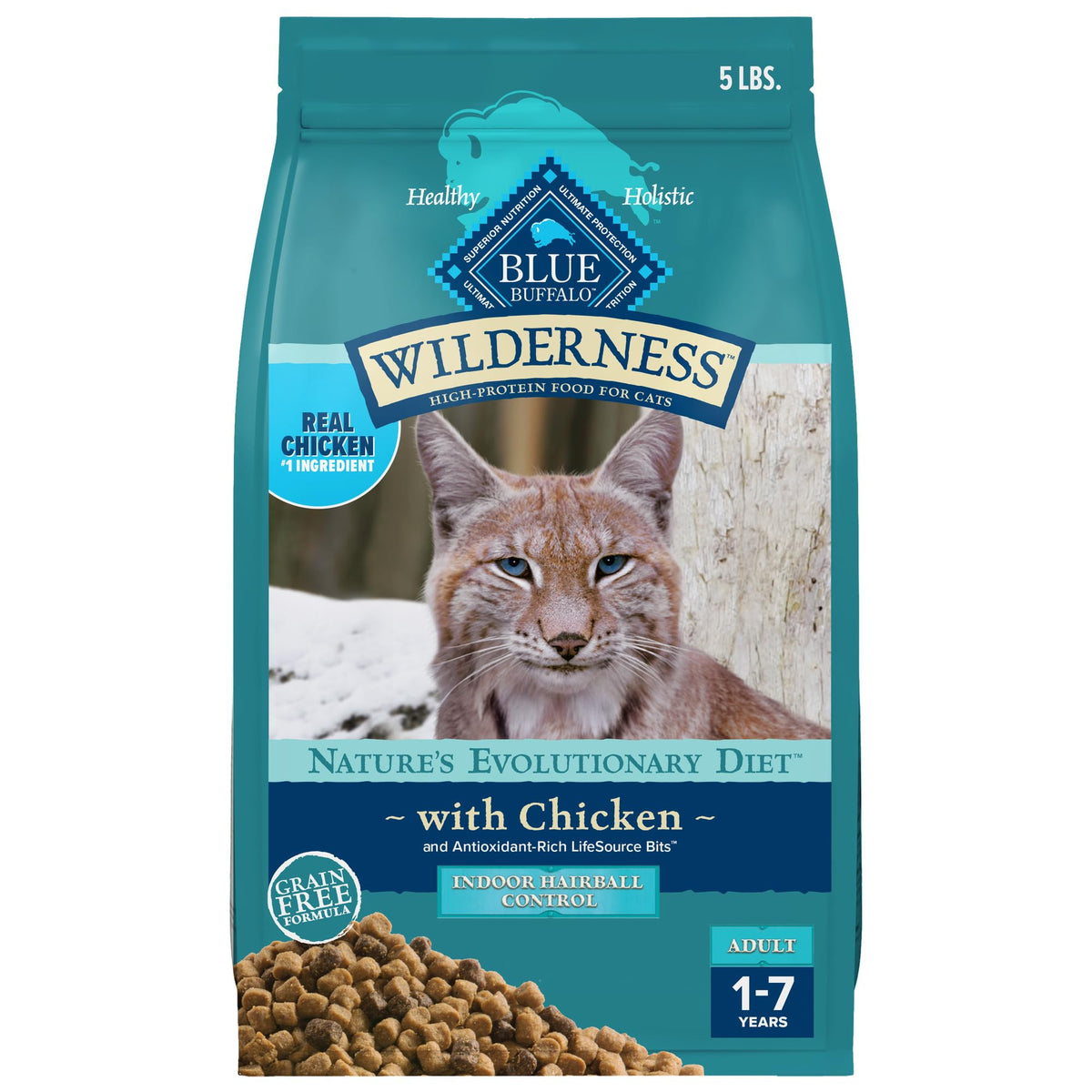 Blue Buffalo Wilderness croquetas de pollo de alta proteína para gatos activos.