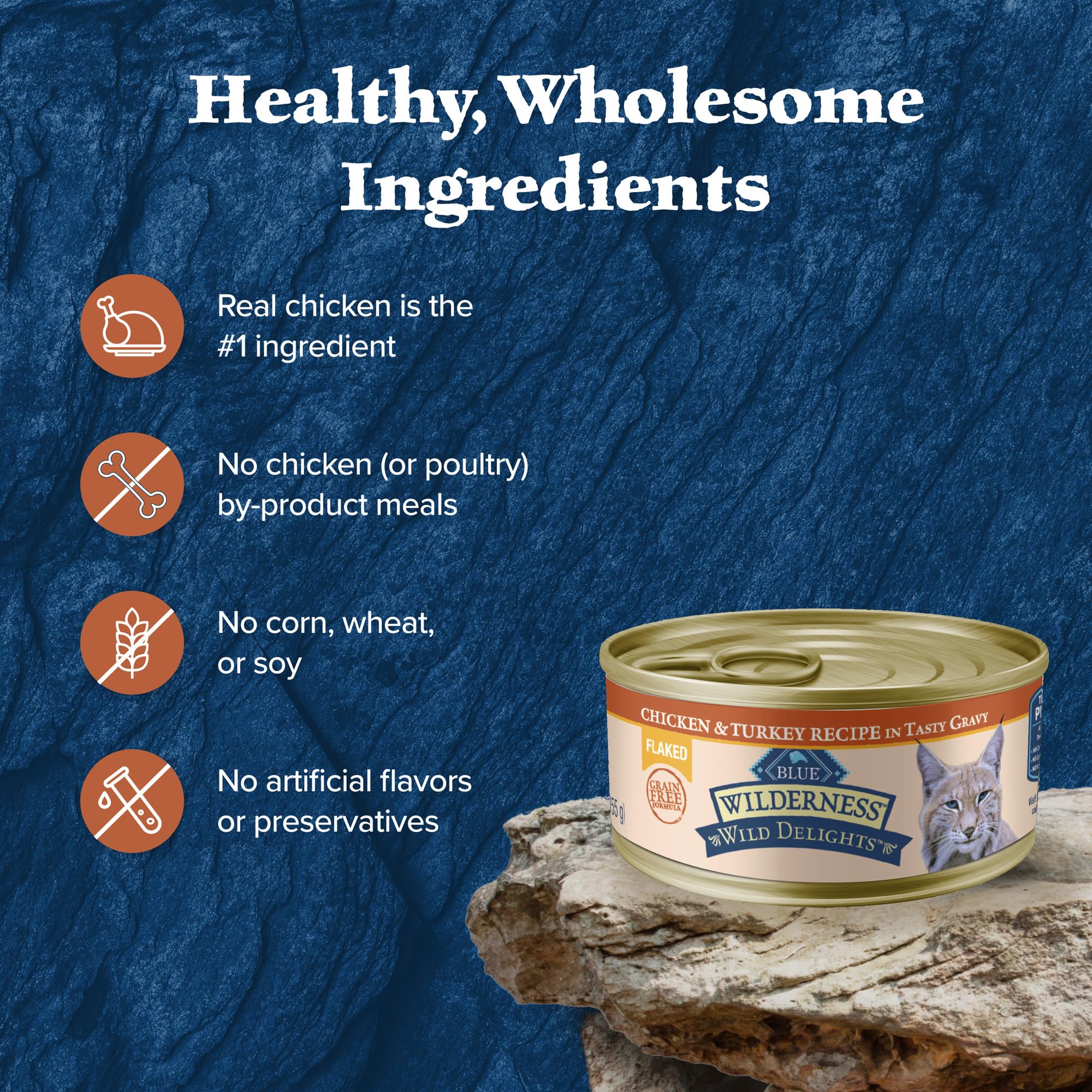 Blue Buffalo Wilderness Delights sin maiz, trigo ni soja para una dieta equilibrada.