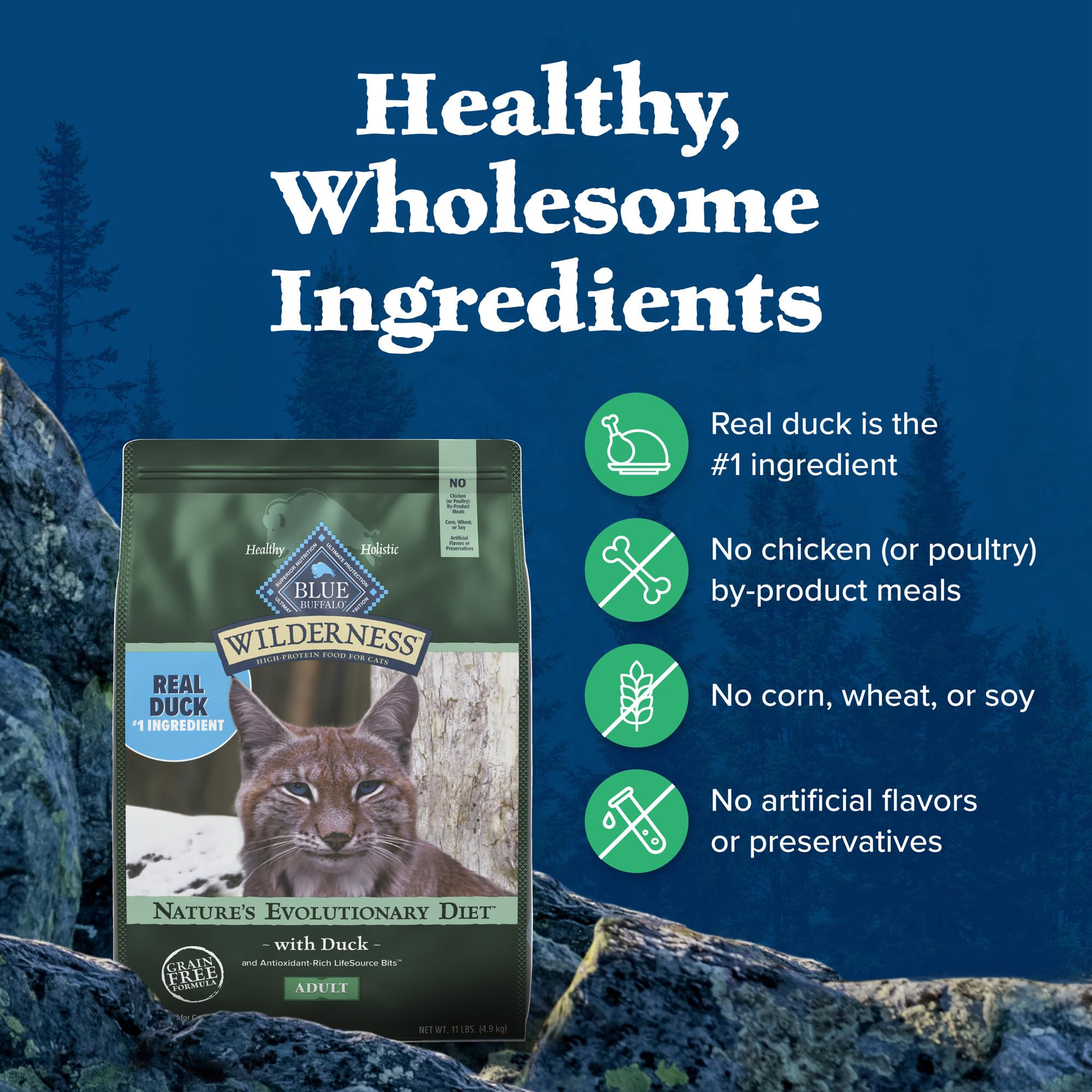 Blue Buffalo Wilderness empaque digital con ingredientes destacados.