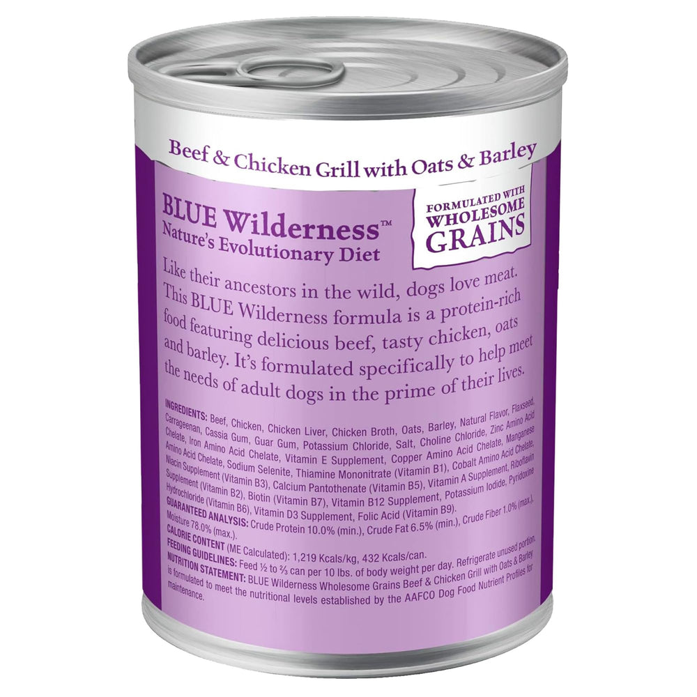 Etiqueta clara de BLUE Wilderness que destaca ingredientes naturales y alto contenido proteico