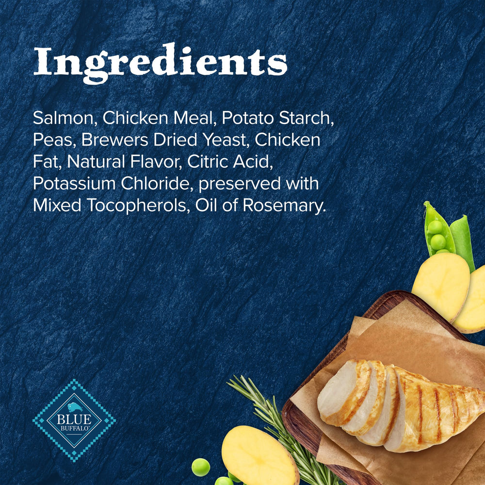 Etiqueta sin cereales de Blue Buffalo Wilderness resalta salmón como ingrediente principal.