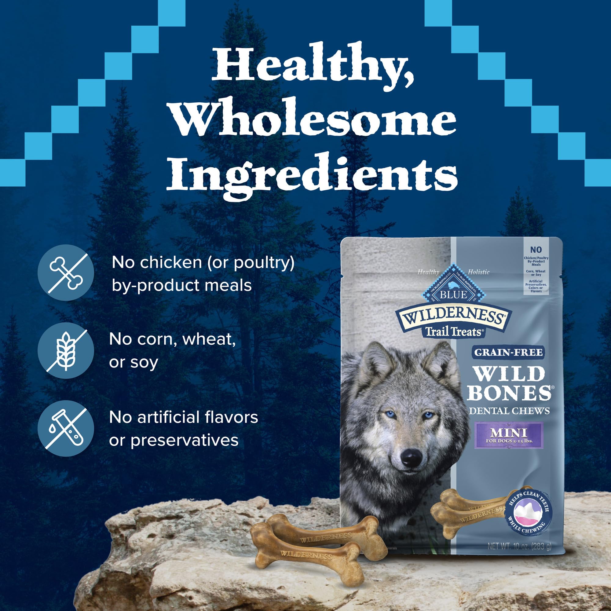 Blue Buffalo Wilderness Huesos Mini Dental, sin colorantes artificiales ni conservantes añadidos.
