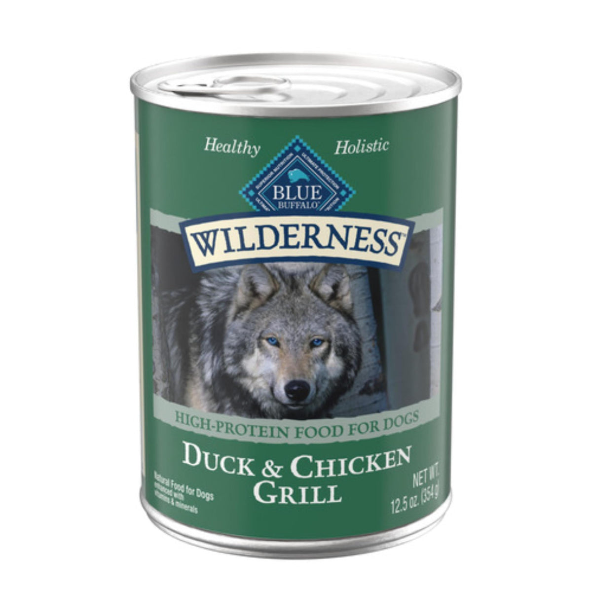 Blue Buffalo Wilderness lata pato y pollo grill para perros activos.
