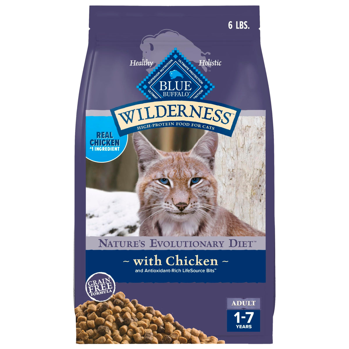 Blue Buffalo Wilderness, pollo principal en empaque, ingrediente principal de alta calidad para gatos.
