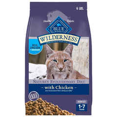Blue Buffalo Wilderness, pollo principal en empaque, ingrediente principal de alta calidad para gatos.