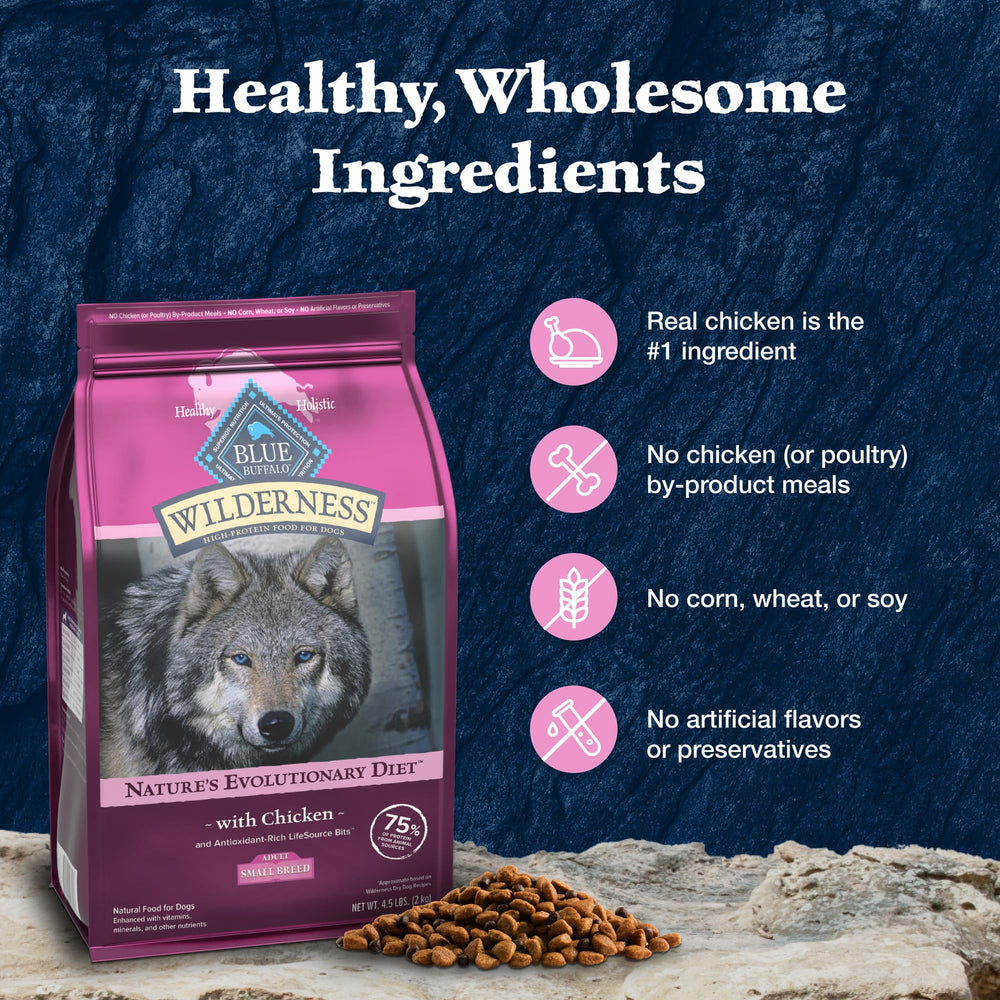 Blue Buffalo Wilderness proteína alta en croquetas que apoyan músculos sanos.