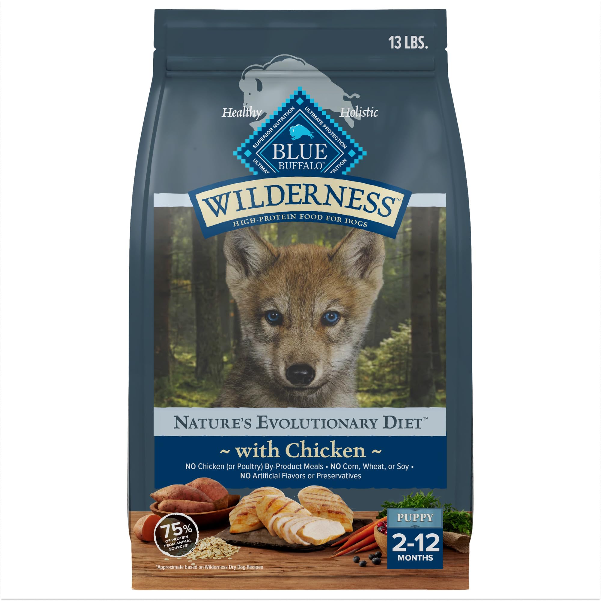 Blue Buffalo Wilderness Puppy alimento seco pollo real: primera ingrediente de calidad para cachorros.