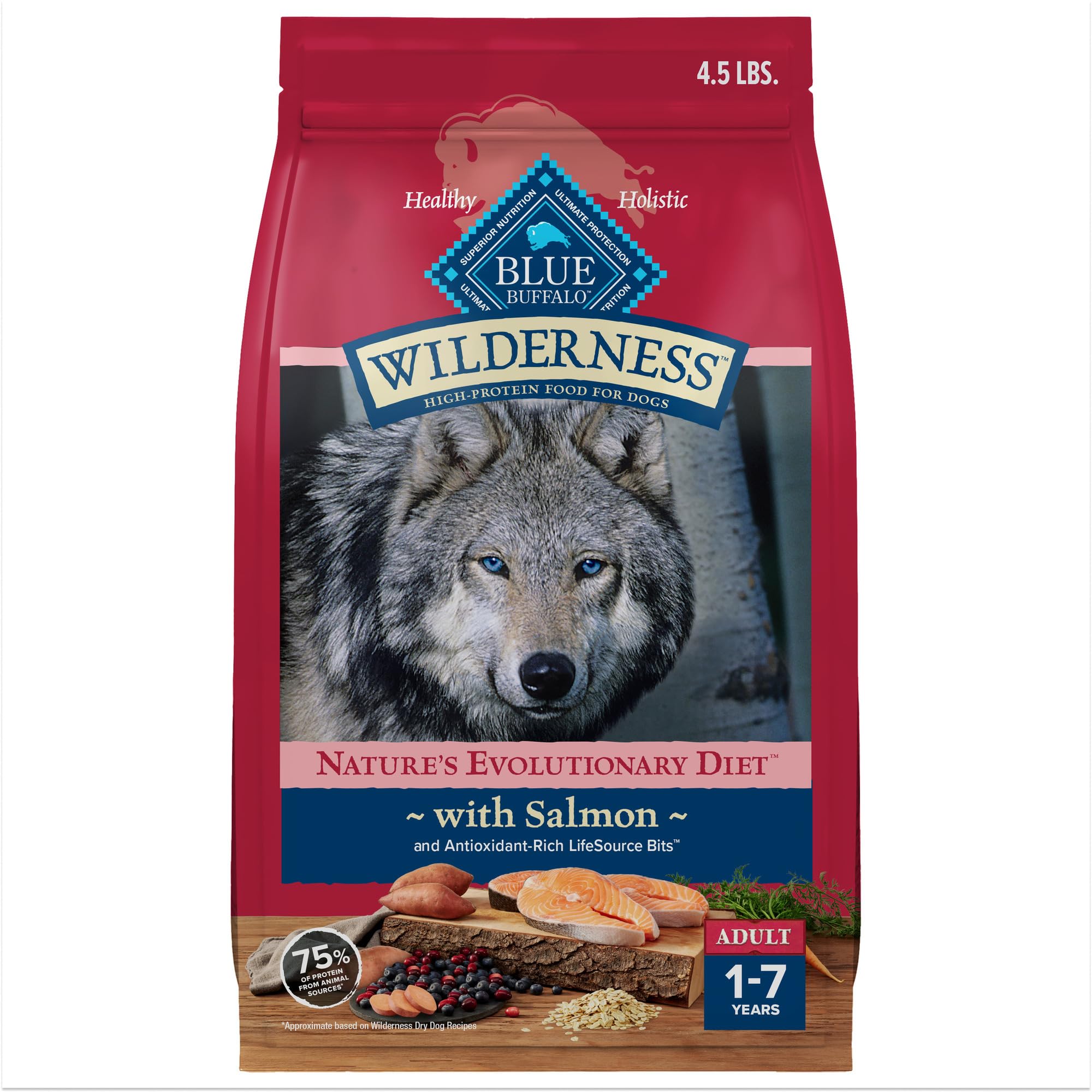 Blue Buffalo Wilderness con salmón real como ingrediente principal para una dieta natural.
