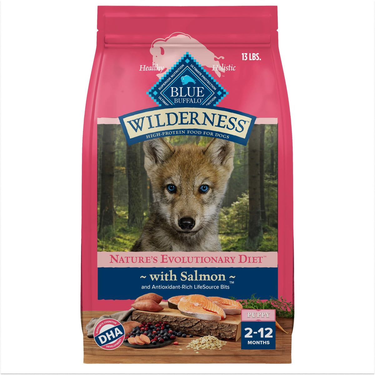 Blue Buffalo Wilderness con salmón real como primer ingrediente para cachorros.