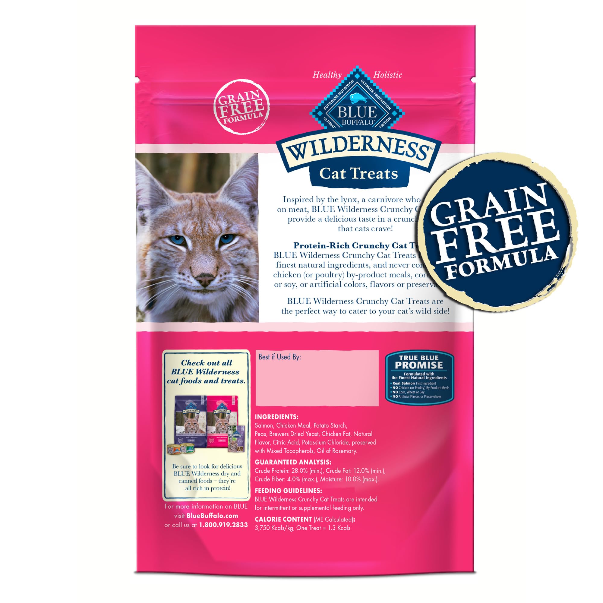 Premio crujiente Blue Buffalo Wilderness con salmón para gatos activos.