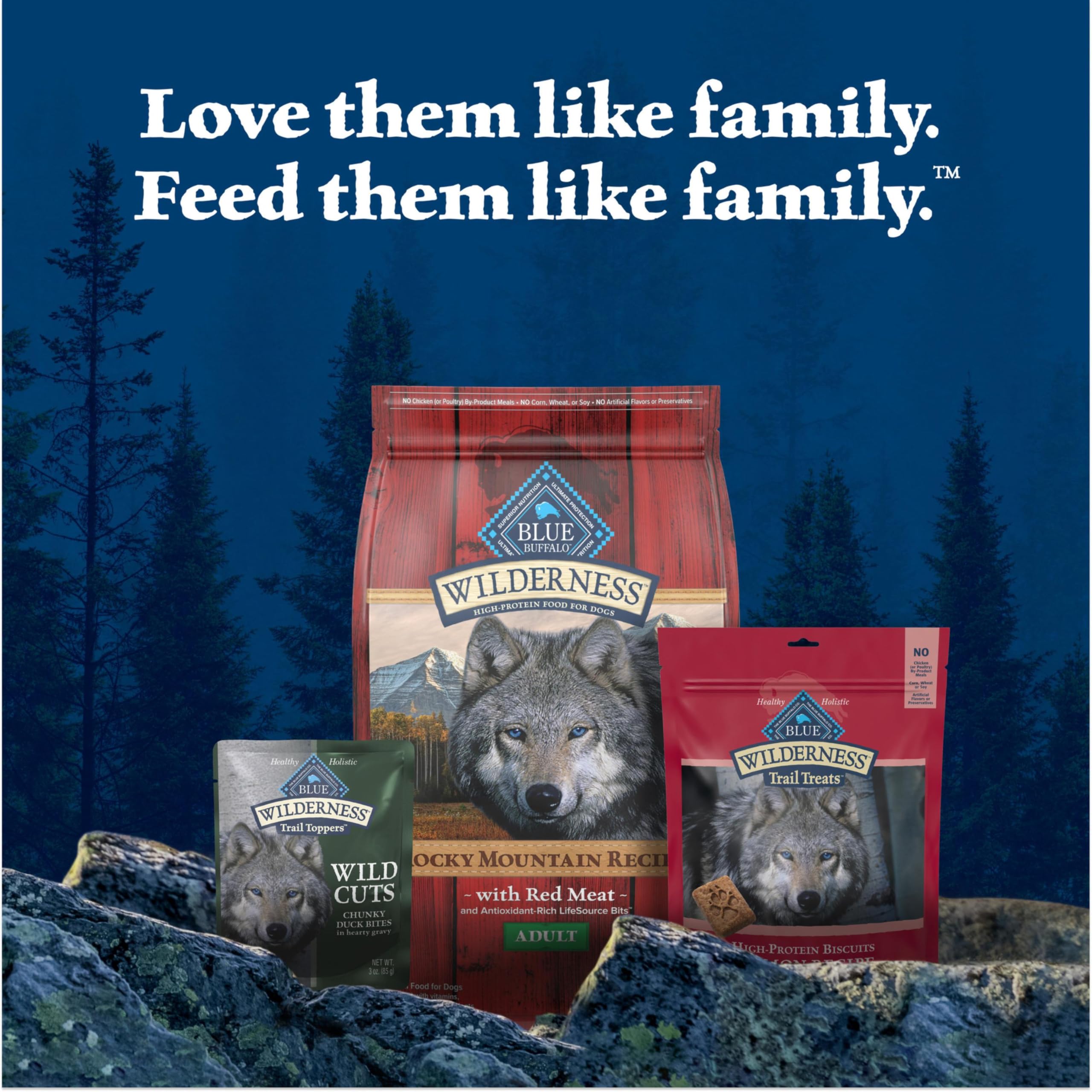 Blue Buffalo Wilderness Trail Toppers sin maíz, trigo ni soya.