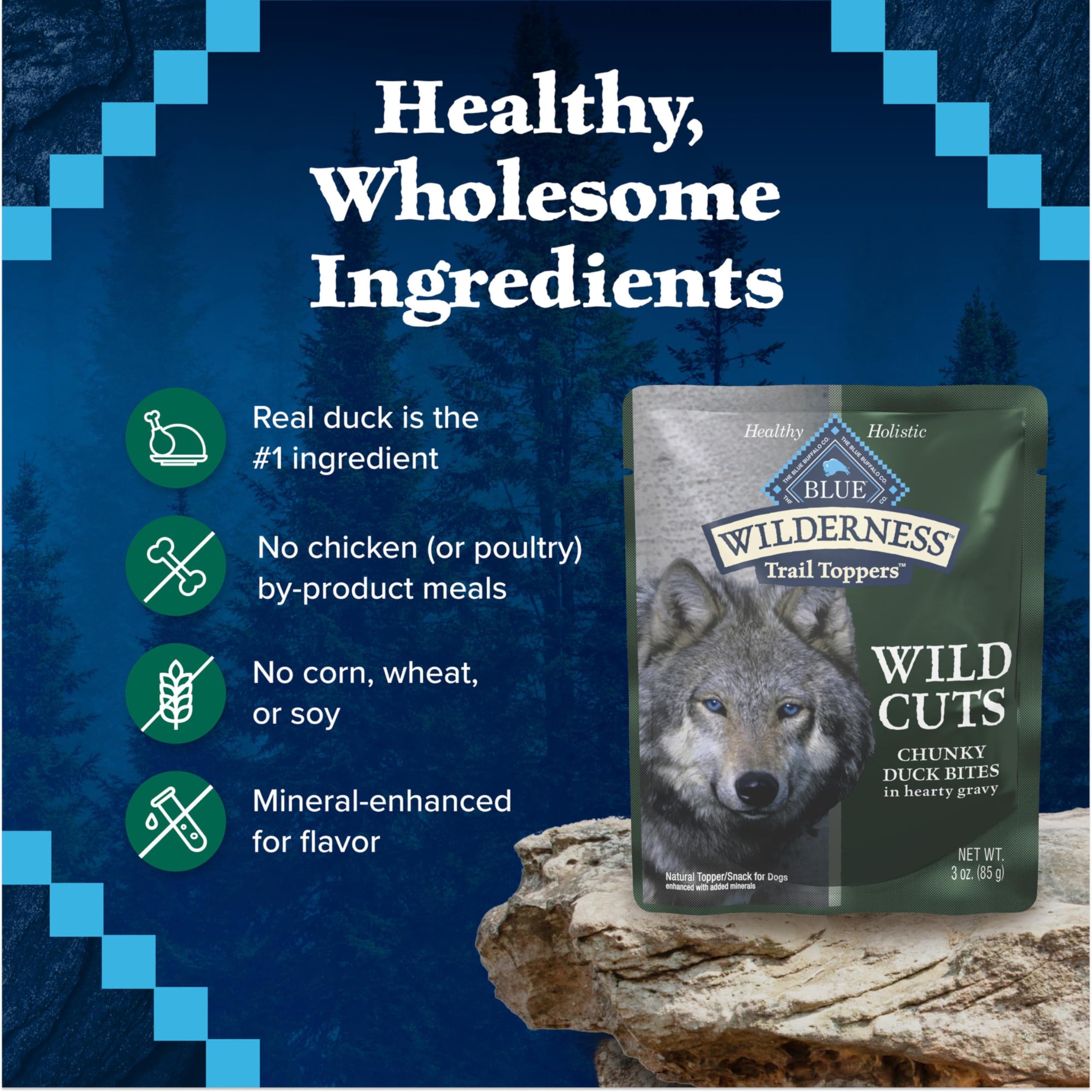 Blue Buffalo Wilderness Trail Toppers porciones de 3 oz para raciones fáciles.