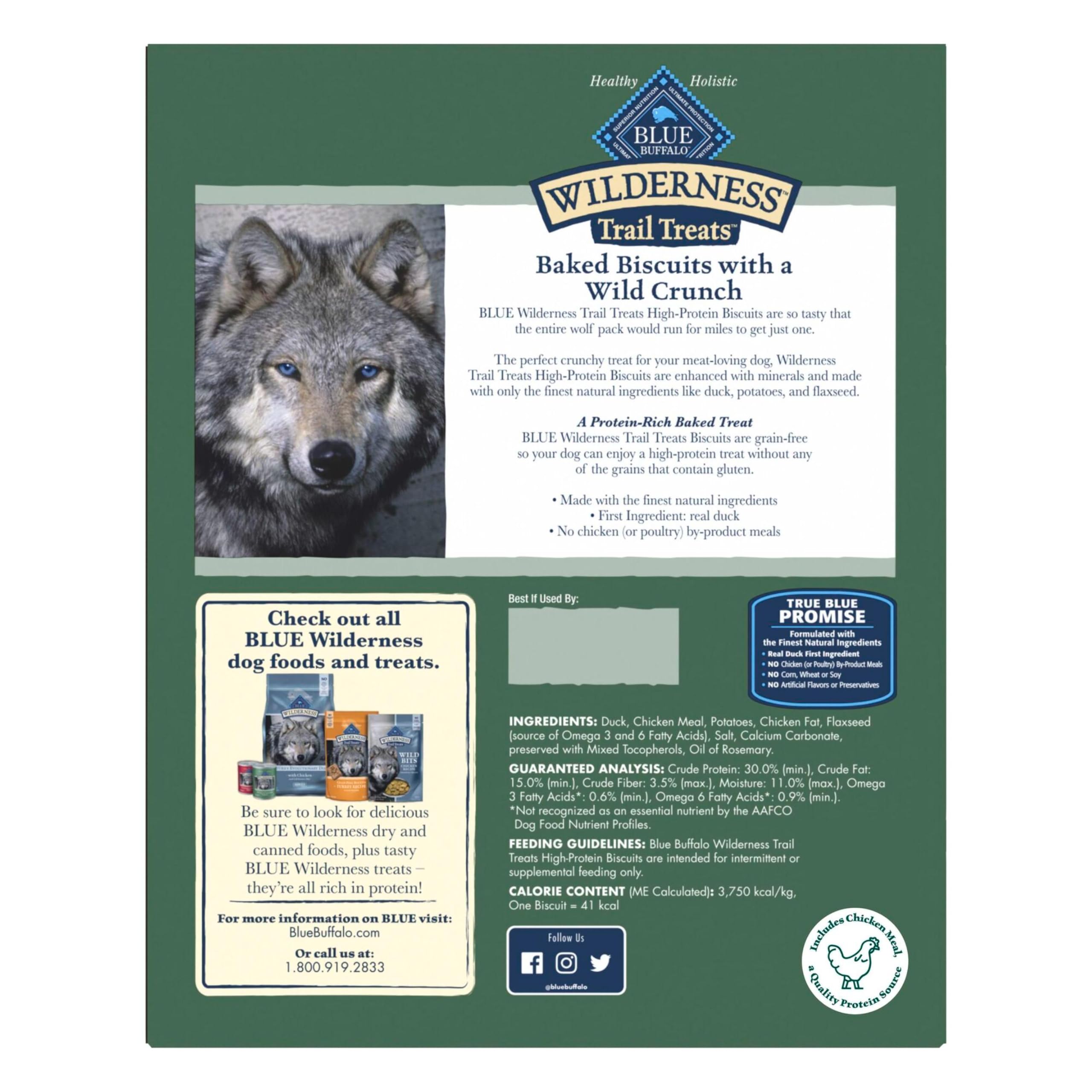 Blue Buffalo Wilderness Trail Treats pato real como primer ingrediente para sabor.