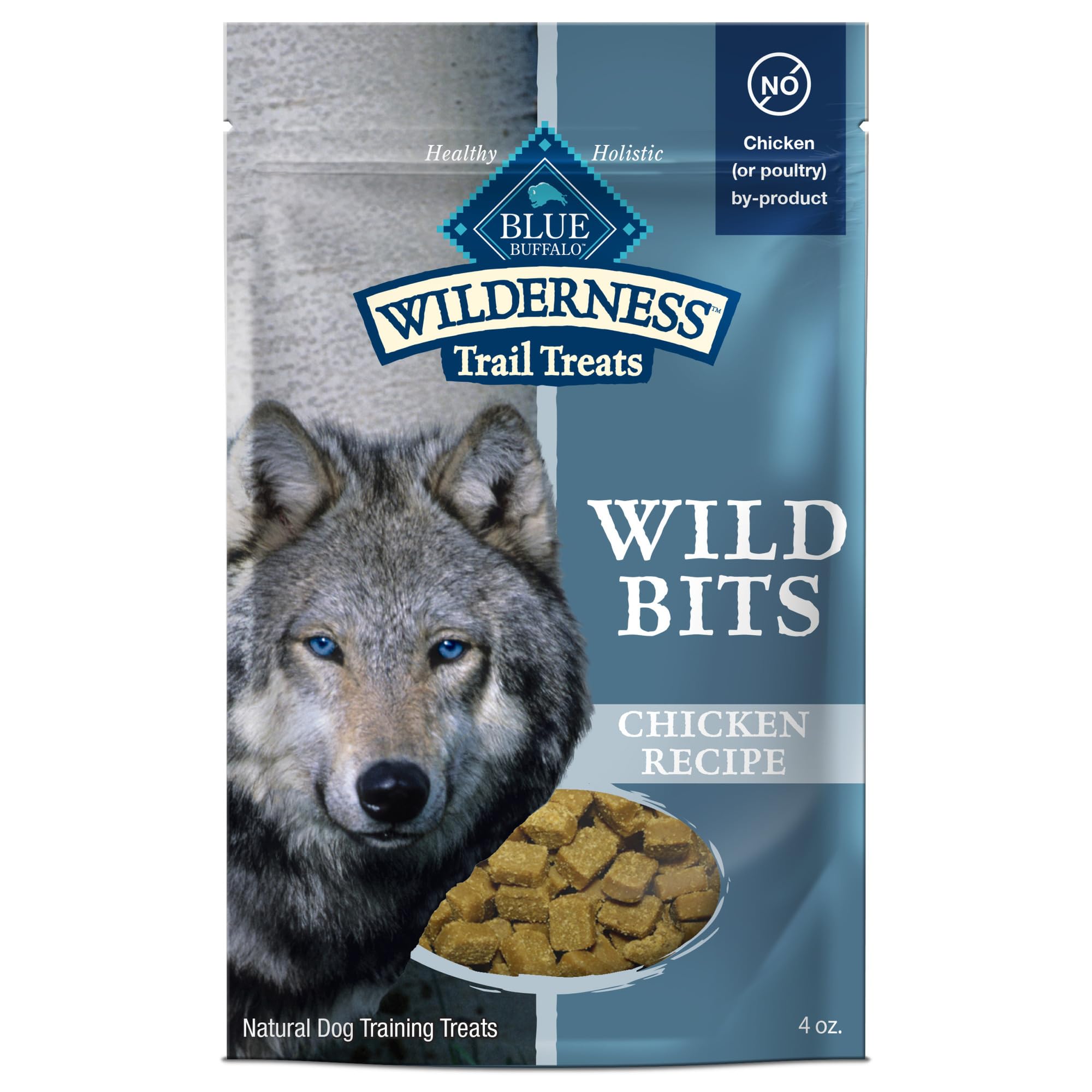 Blue Buffalo Wilderness Wild Bits premios blandos de pollo para entrenamiento diario.