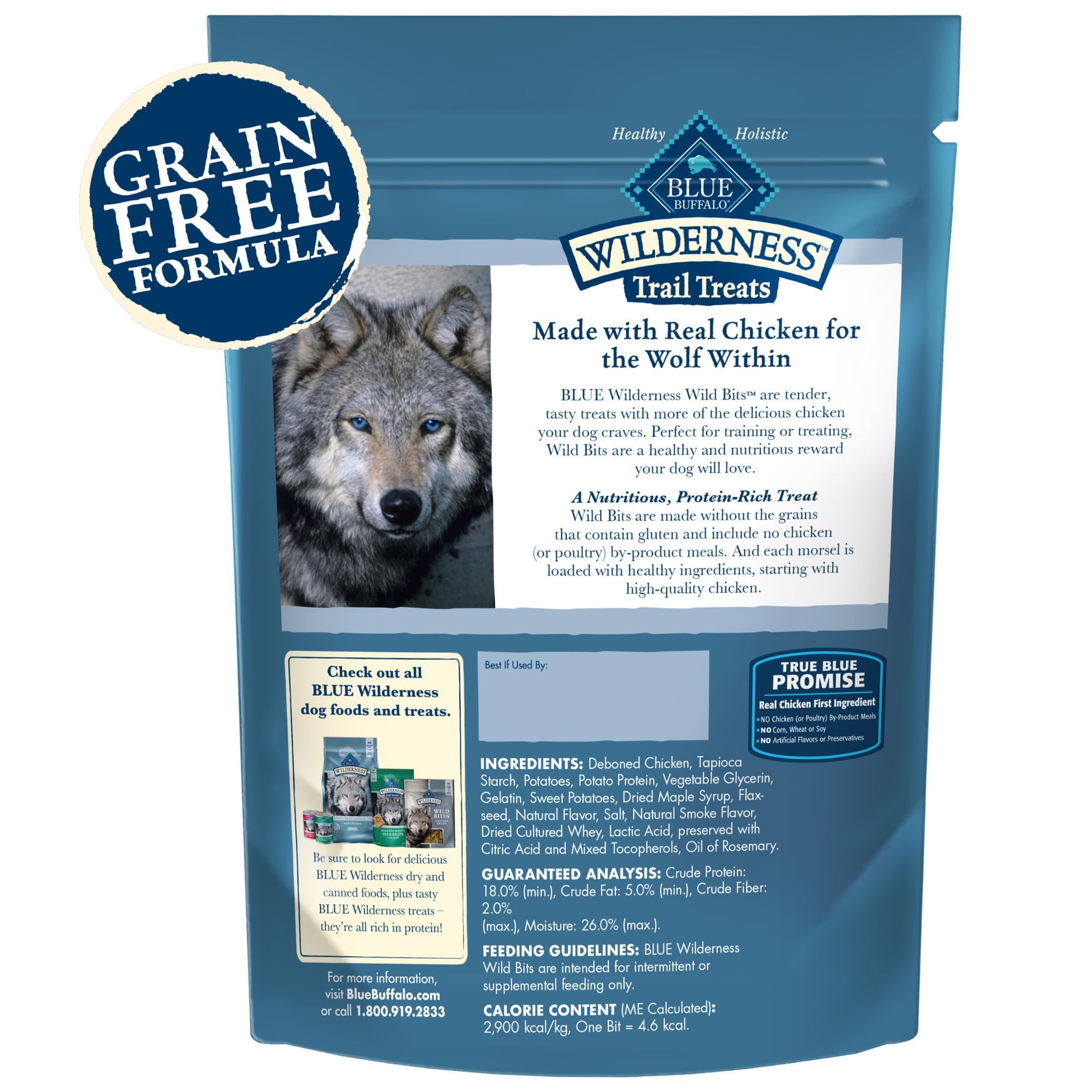 Blue Buffalo Wilderness Wild Bits textura blanda y masticable para reforzar conductas.
