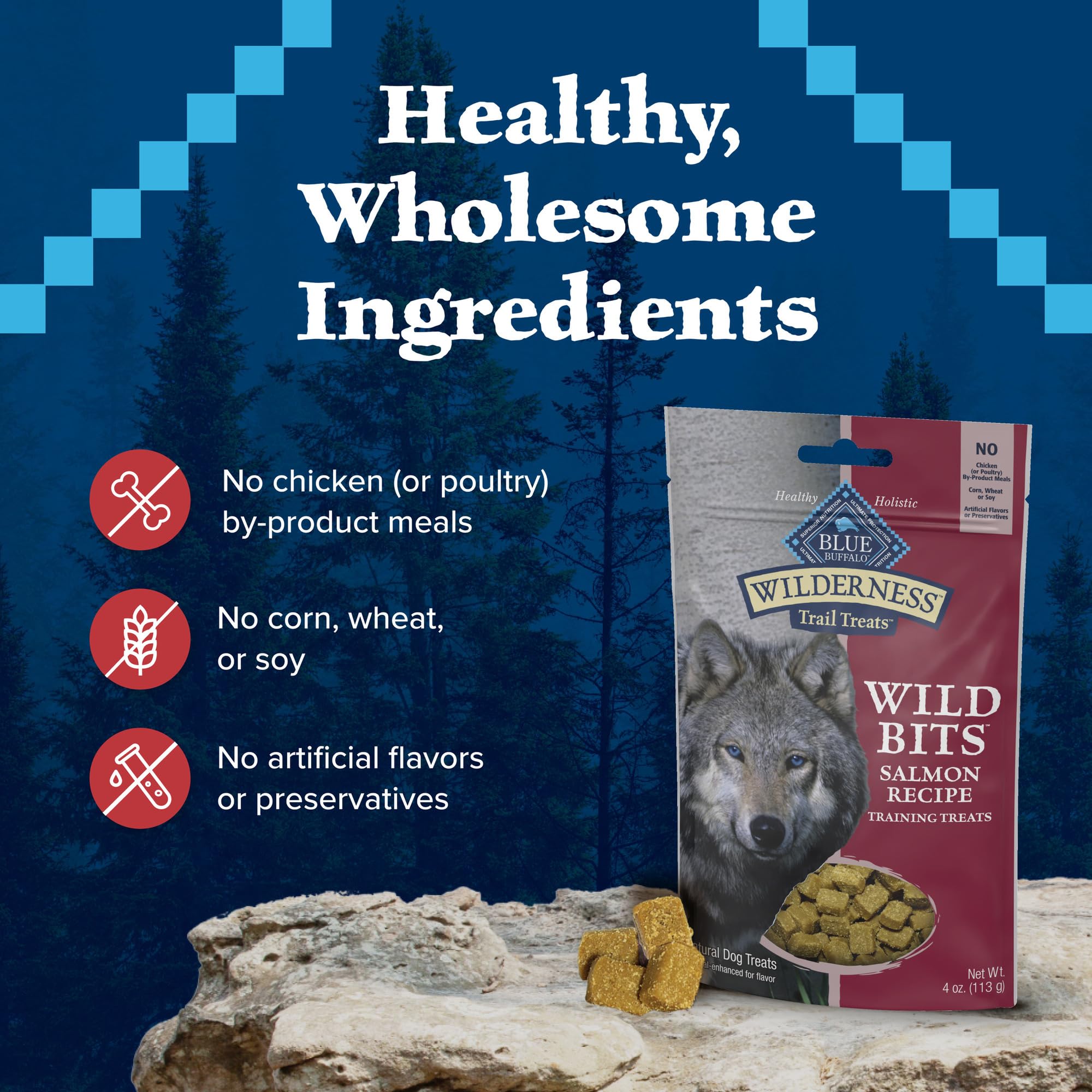 Blue Buffalo Wilderness Wild Bits, textura masticable que facilita el entrenamiento positivo.