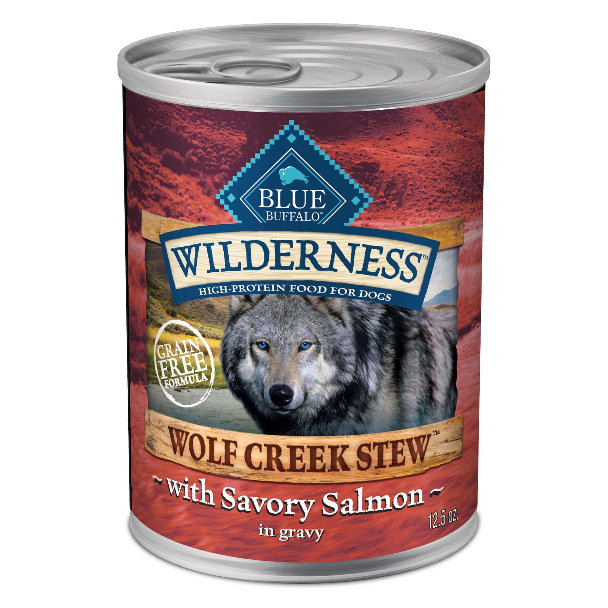 Blue Buffalo Wilderness Wolf Creek Stew con salmón en salsa; proteína alta para perros activos.