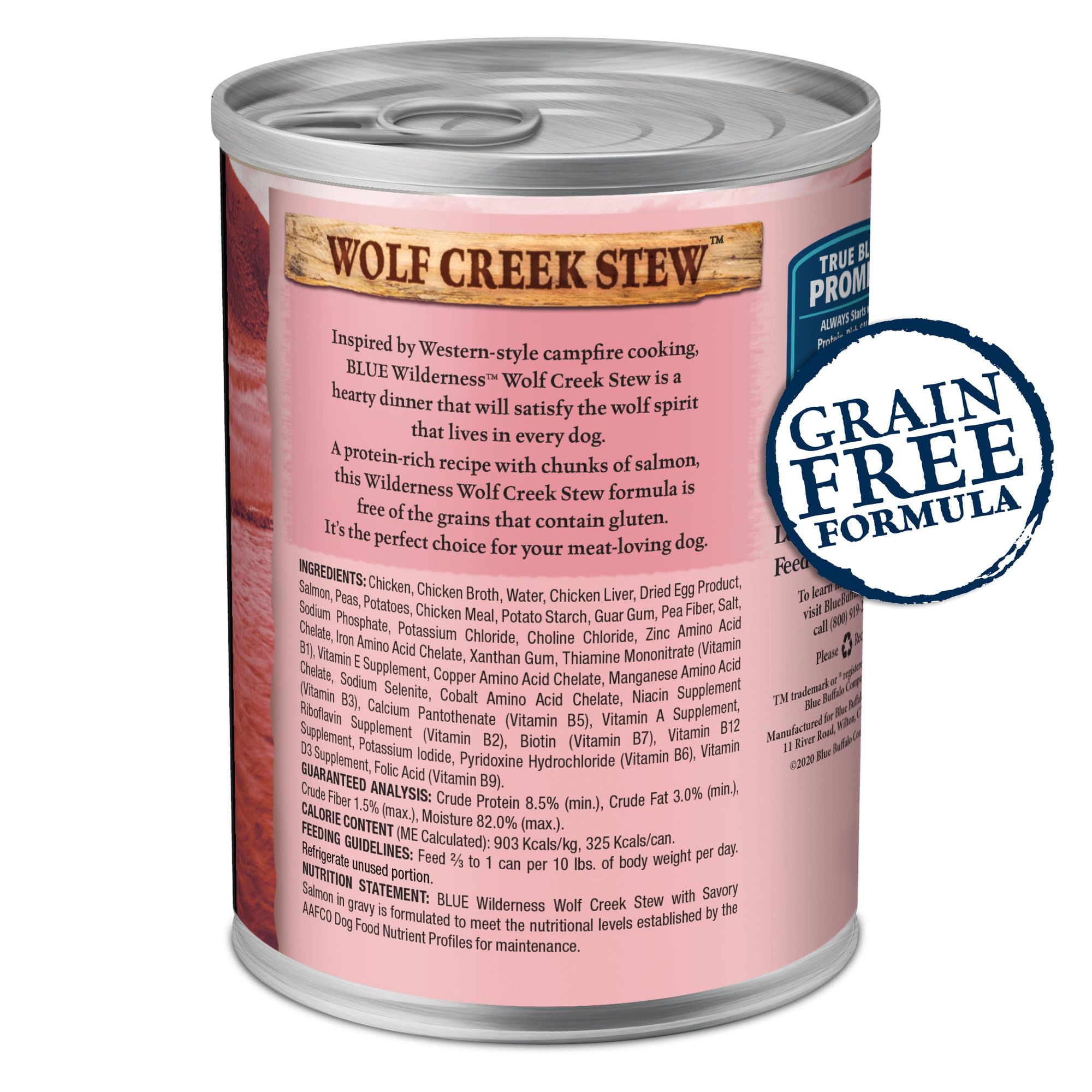 Blue Buffalo Wilderness Wolf Creek Stew salmón; plato completo sin granos para una dieta natural.
