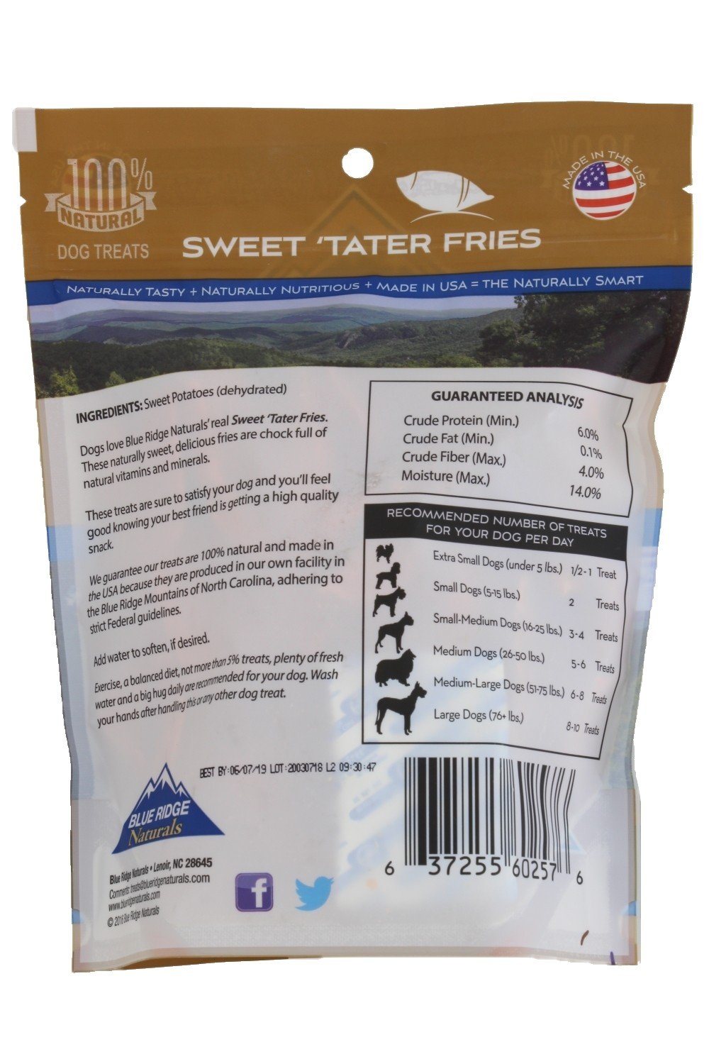Blue Ridge Naturals bastones de batata dulce deshidratados, textura crujiente para perros