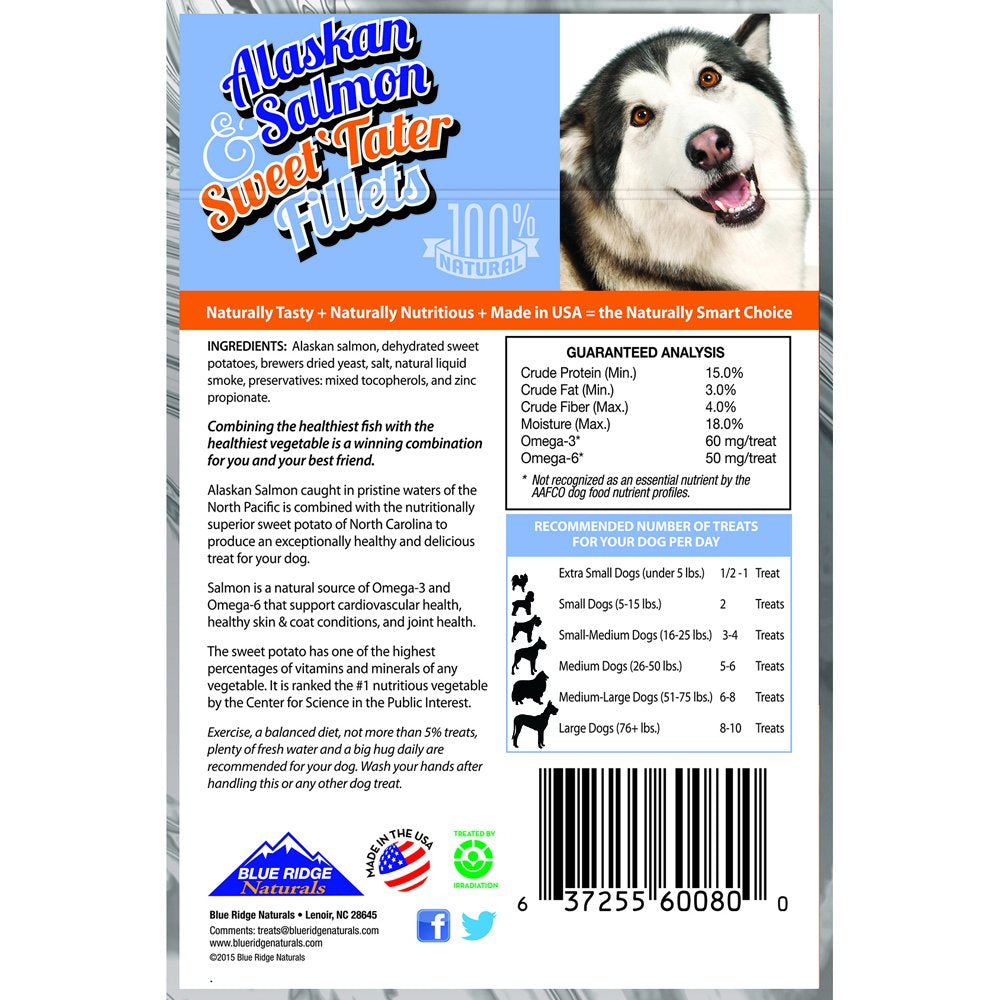 Blue Ridge Naturals presentación de filetes, salmón y batatas dulces, snack saludable para perros