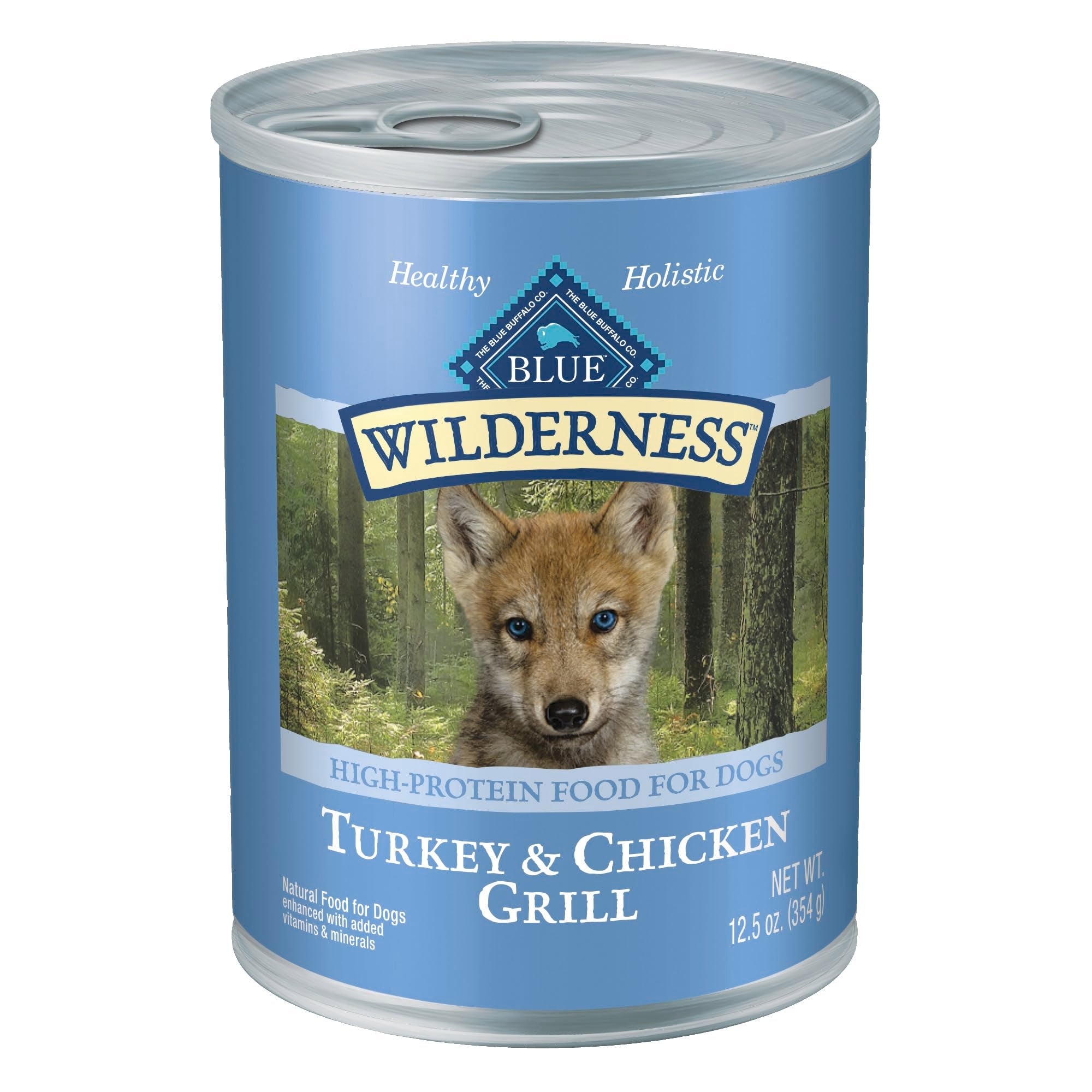 Blue Buffalo Wilderness para cachorros con pavo y pollo, textura jugosa en cada lata.