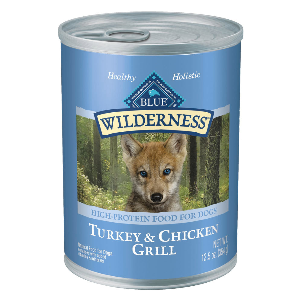 Blue Buffalo Wilderness para cachorros con pavo y pollo, textura jugosa en cada lata.