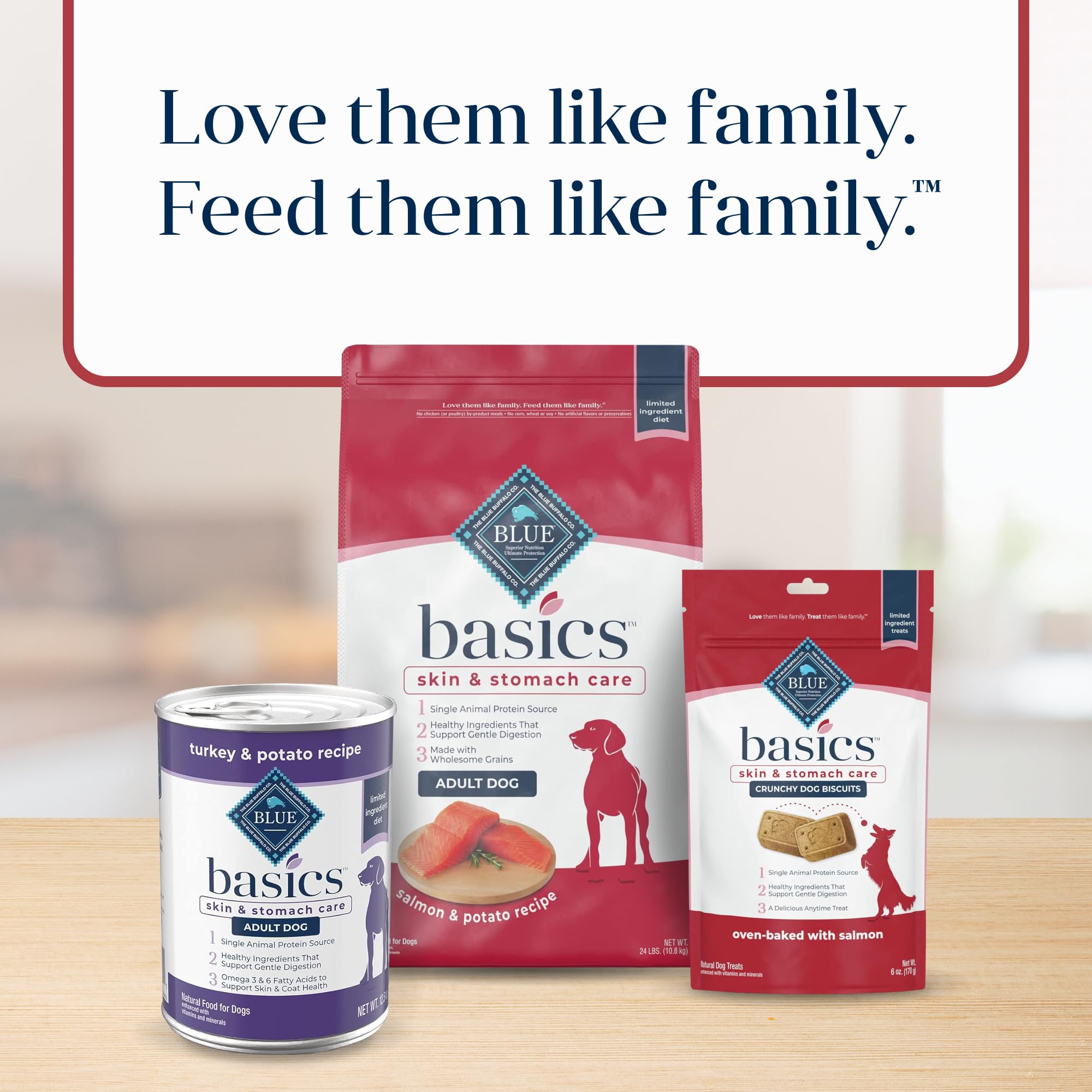 Blue Buffalo Basics empaque visible destaca ingredientes clave.