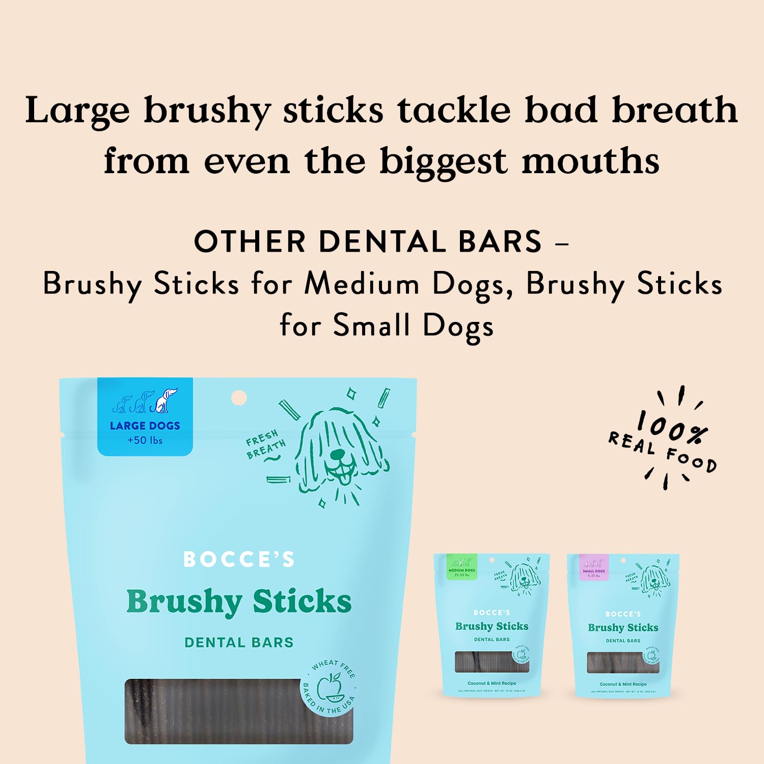 Brushy Sticks Bocce's, textura masticable para cepillado al morder.