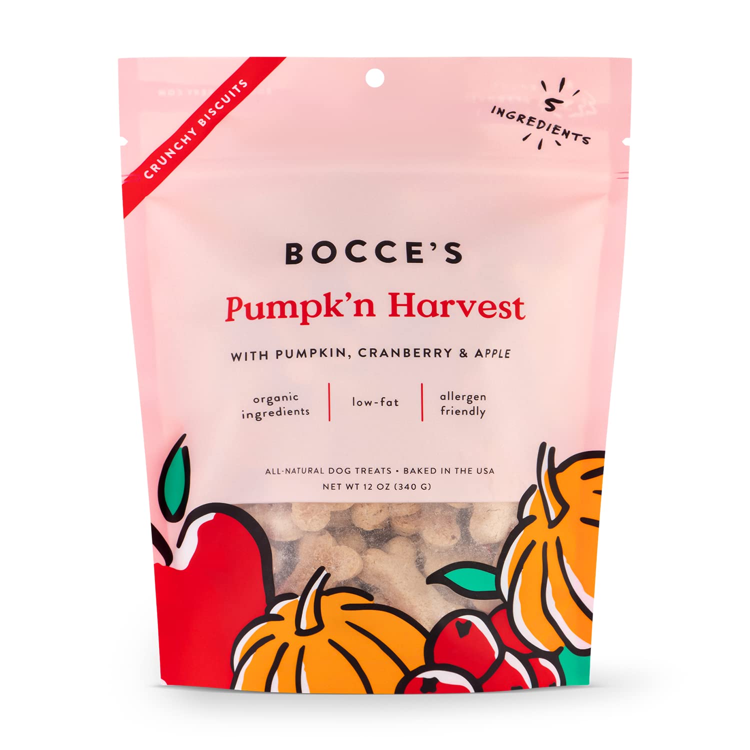 Galletas Pumpkn Harvest de Bocce's Bakery en bolsa de 12 oz, premio sabroso para perros.