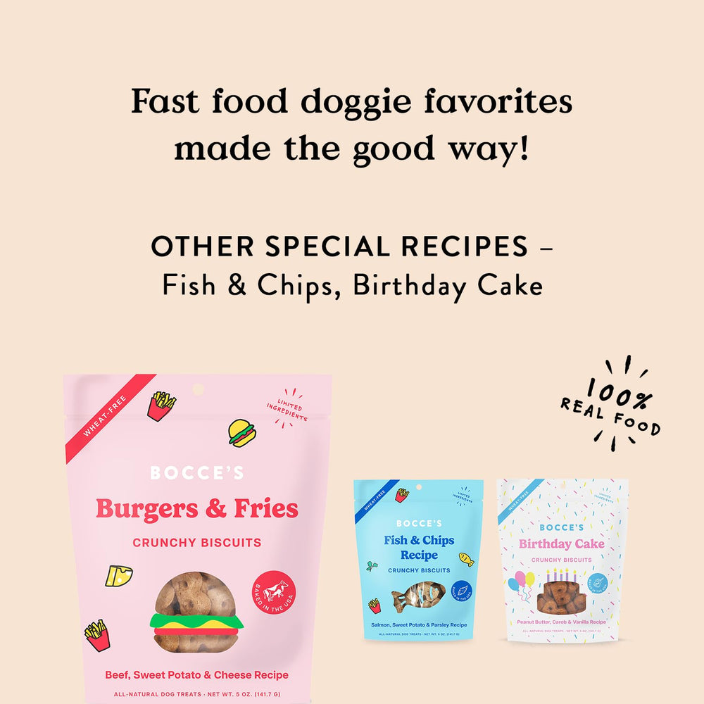Bocce's Bakery edición limitada; galletas sabor hamburguesa y papas para perros