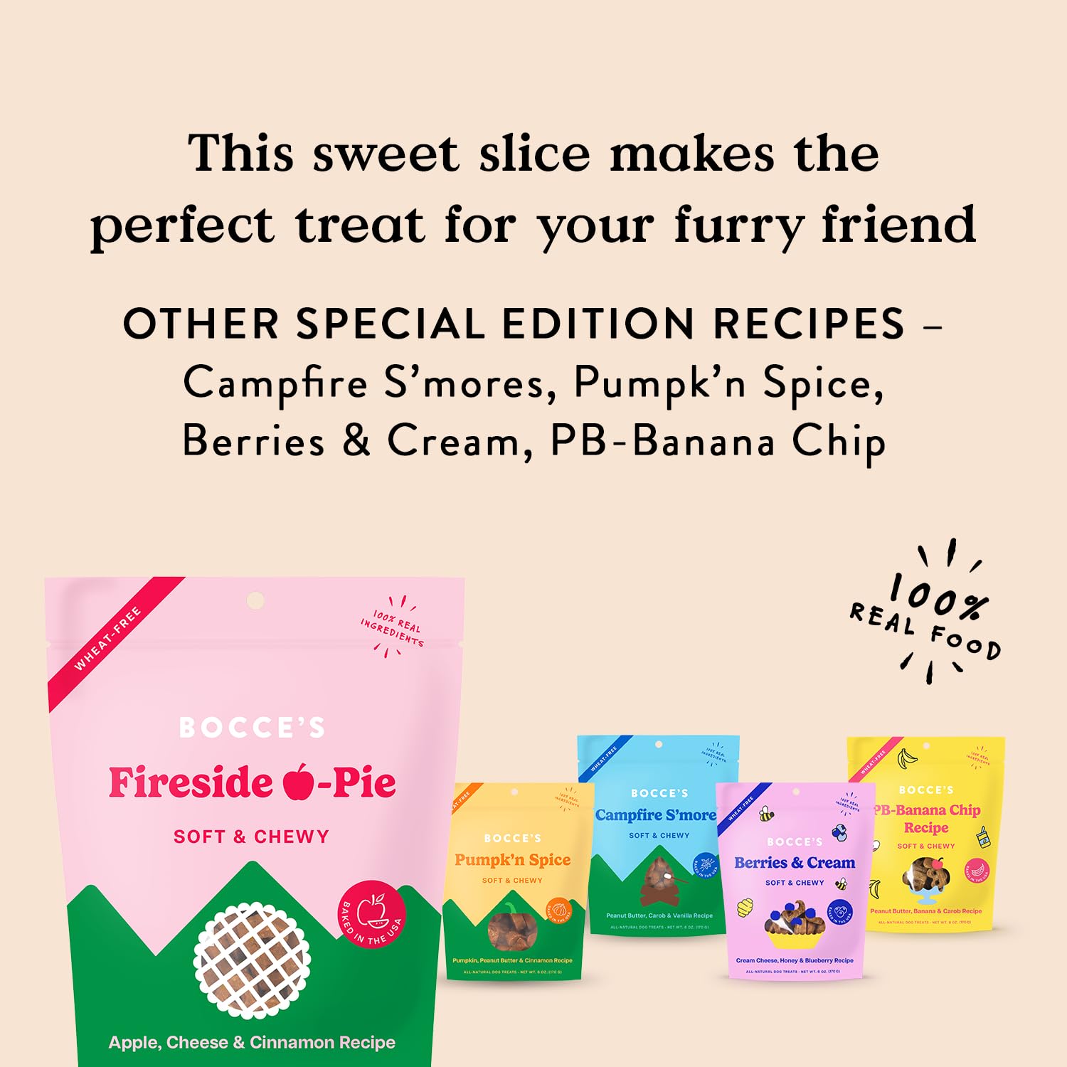 Hecho en EE. UU. Bocce's Fireside Apple Pie, galletas premium para perros.