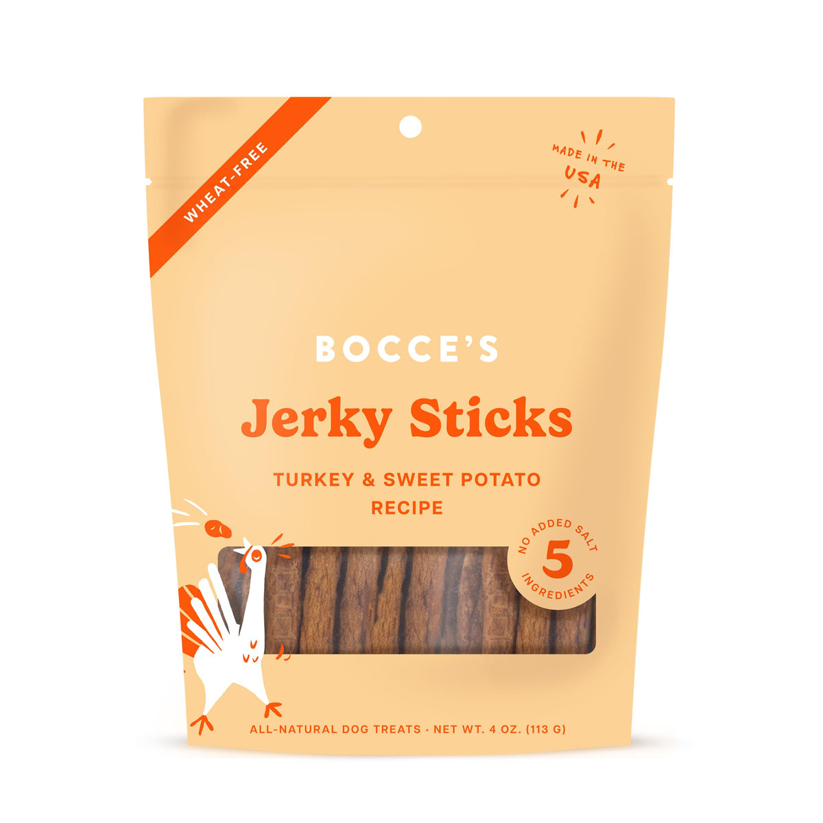 Friandise Bocce's Bakery jerky-stick dinde et patate douce, protéines naturelles pour chiens actifs.