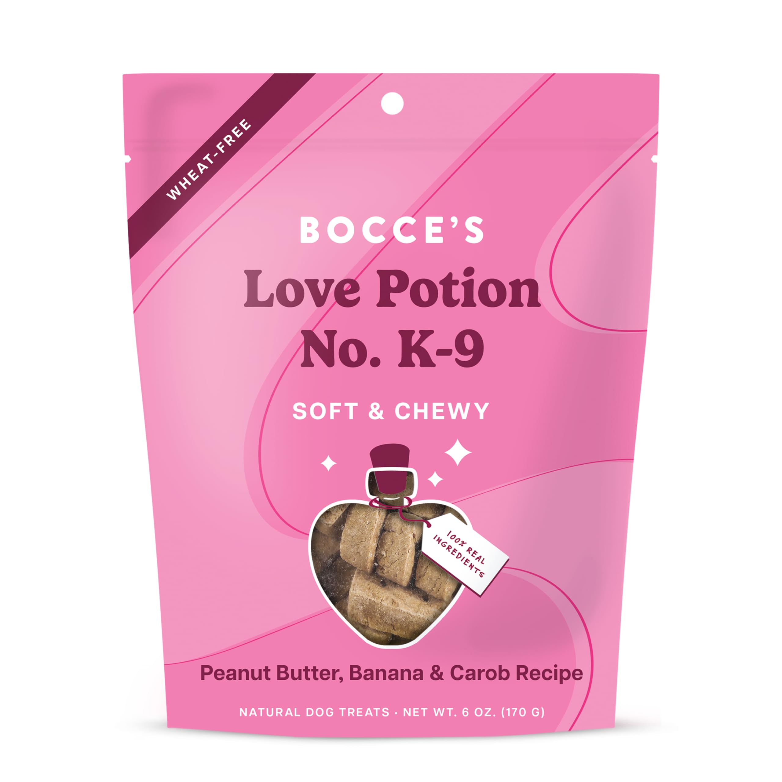 Love Potion No. K-9 de Bocce's Bakery, corazones dulces para entrenamiento.