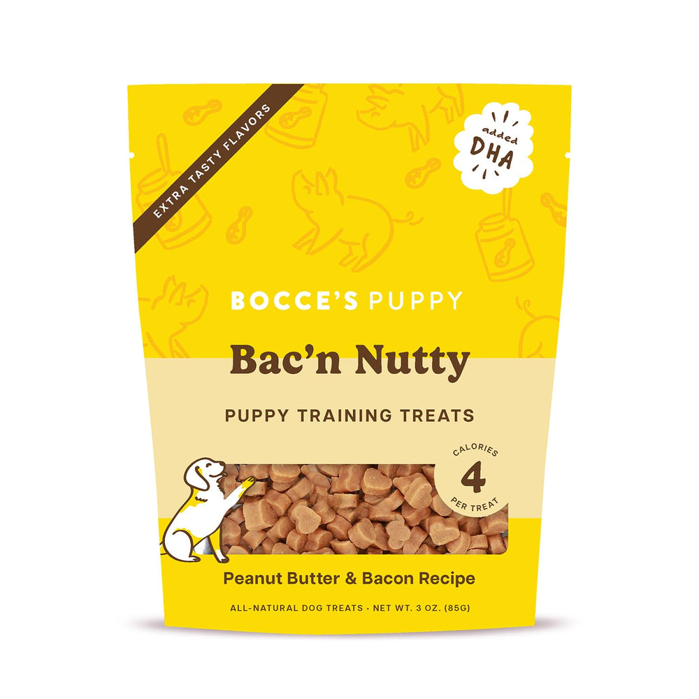 Premios Bocce's Bakery para cachorros, tocino y cacahuete, ideales para recompensas.