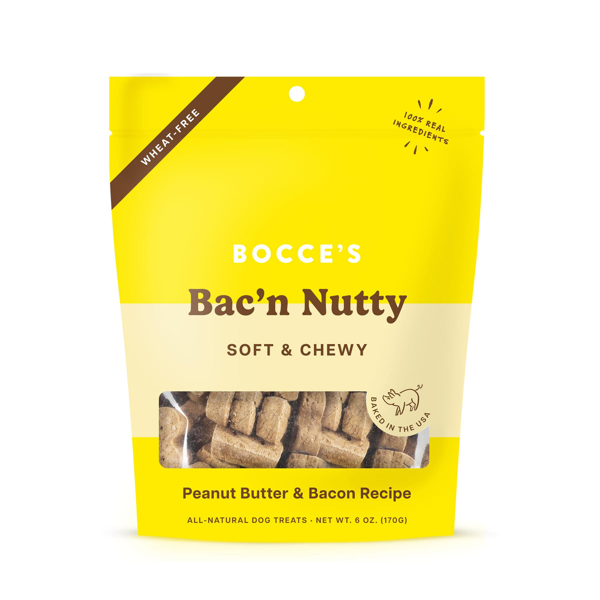 Golosina Bocce's Bakery Premios para perro tocino y maní, suave y masticable.